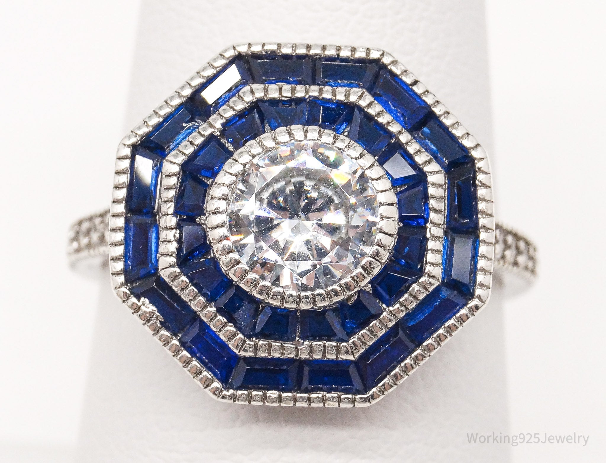 Vintage Lab Sapphire Cubic Zirconia Sterling Silver Ring - Size 7.5