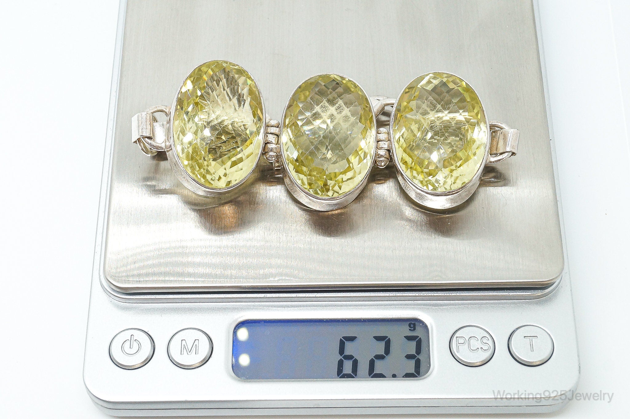 Vintage Large Lemon Quartz Sterling Silver Toggle Bracelet