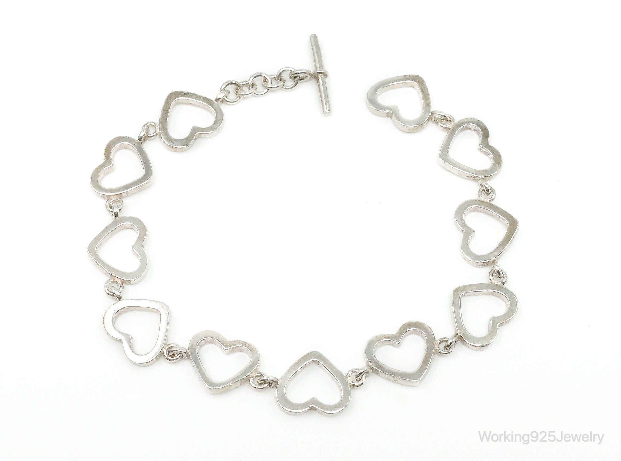 Vintage Open Heart Chain Link Sterling Silver Toggle Bracelet