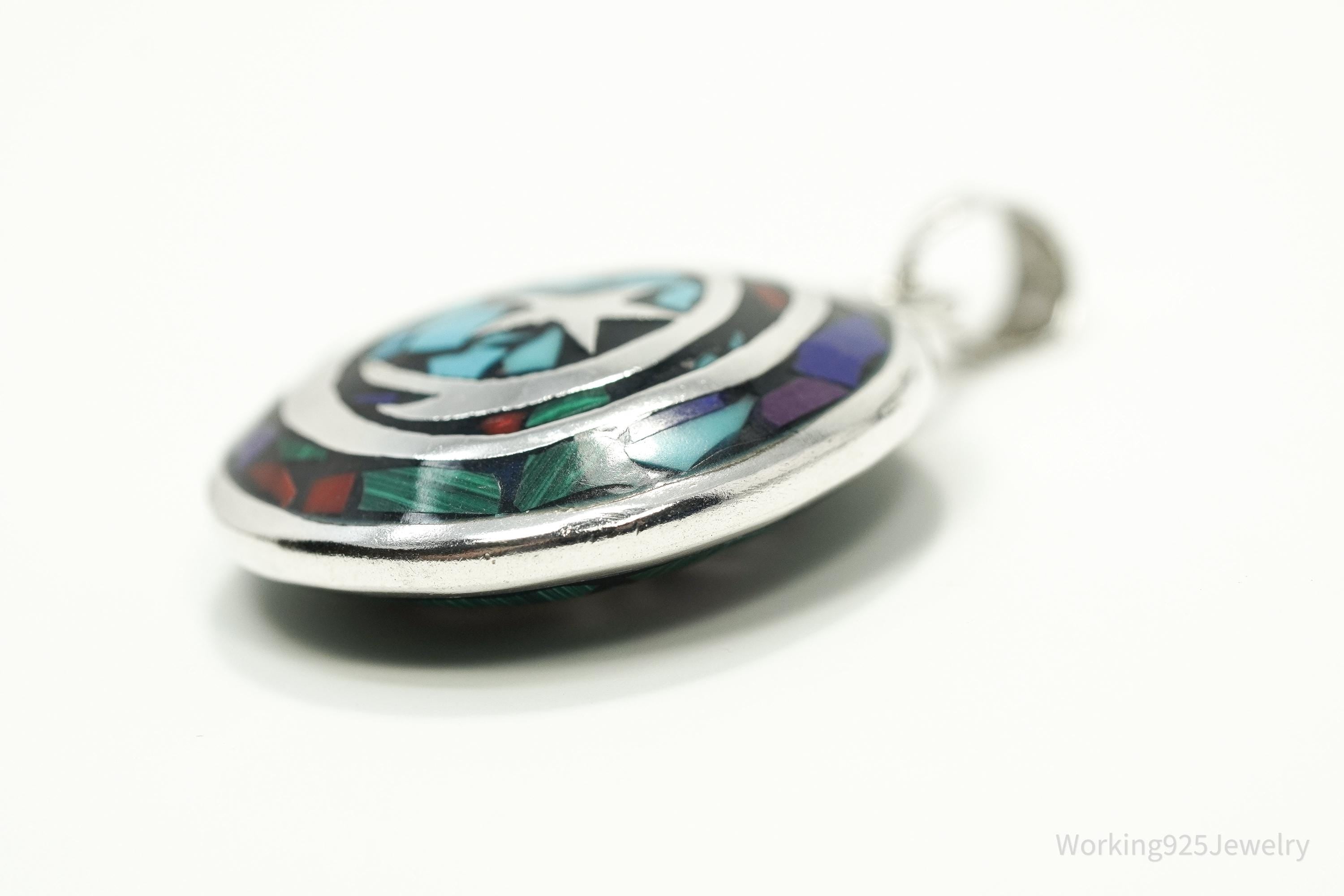 Vintage Double Sided Aztec Mayan Multi Gem Inlay Sterling Silver Pendant 1 11/16"