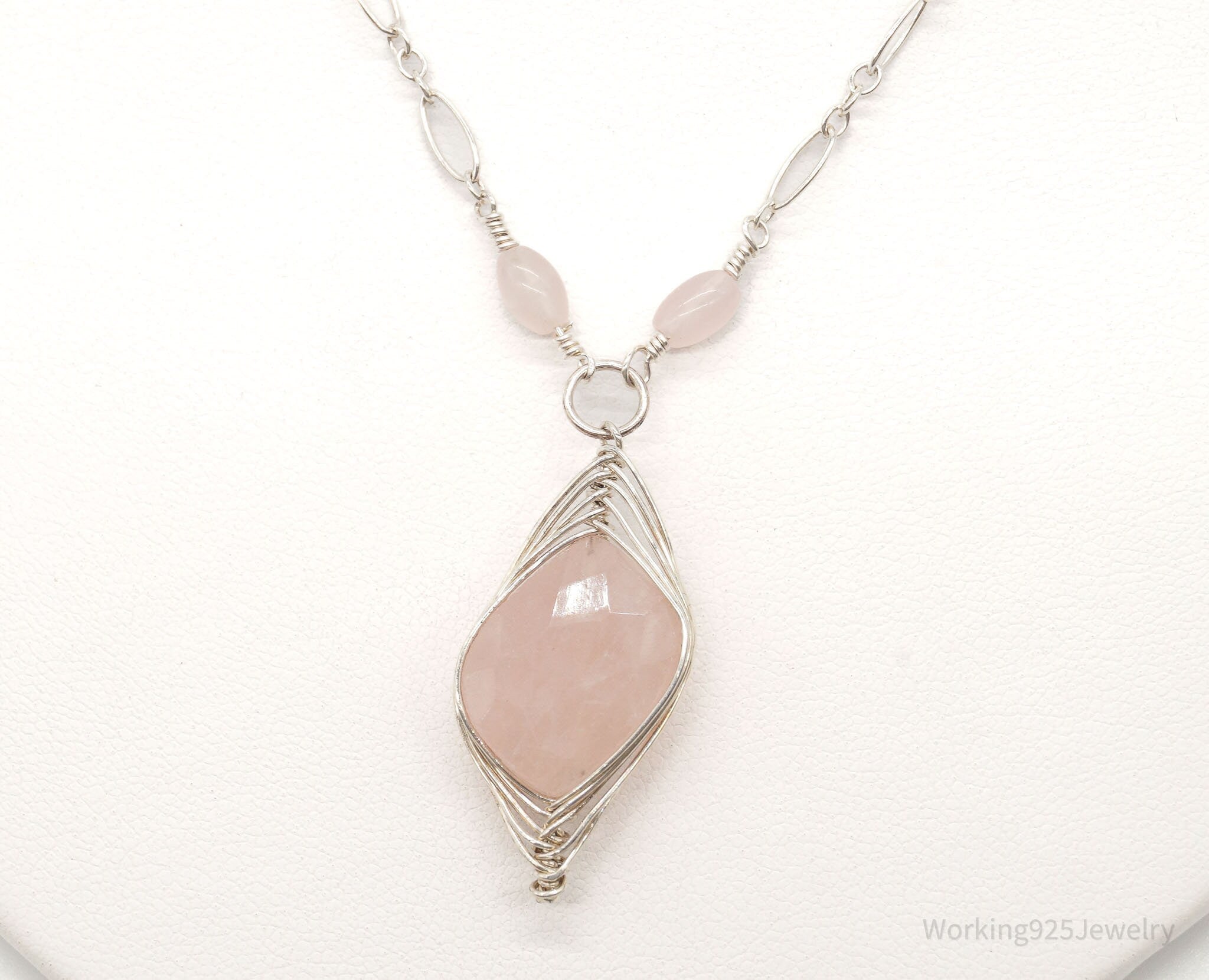 Vintage Large Rose Quartz Filigree Silver Necklace