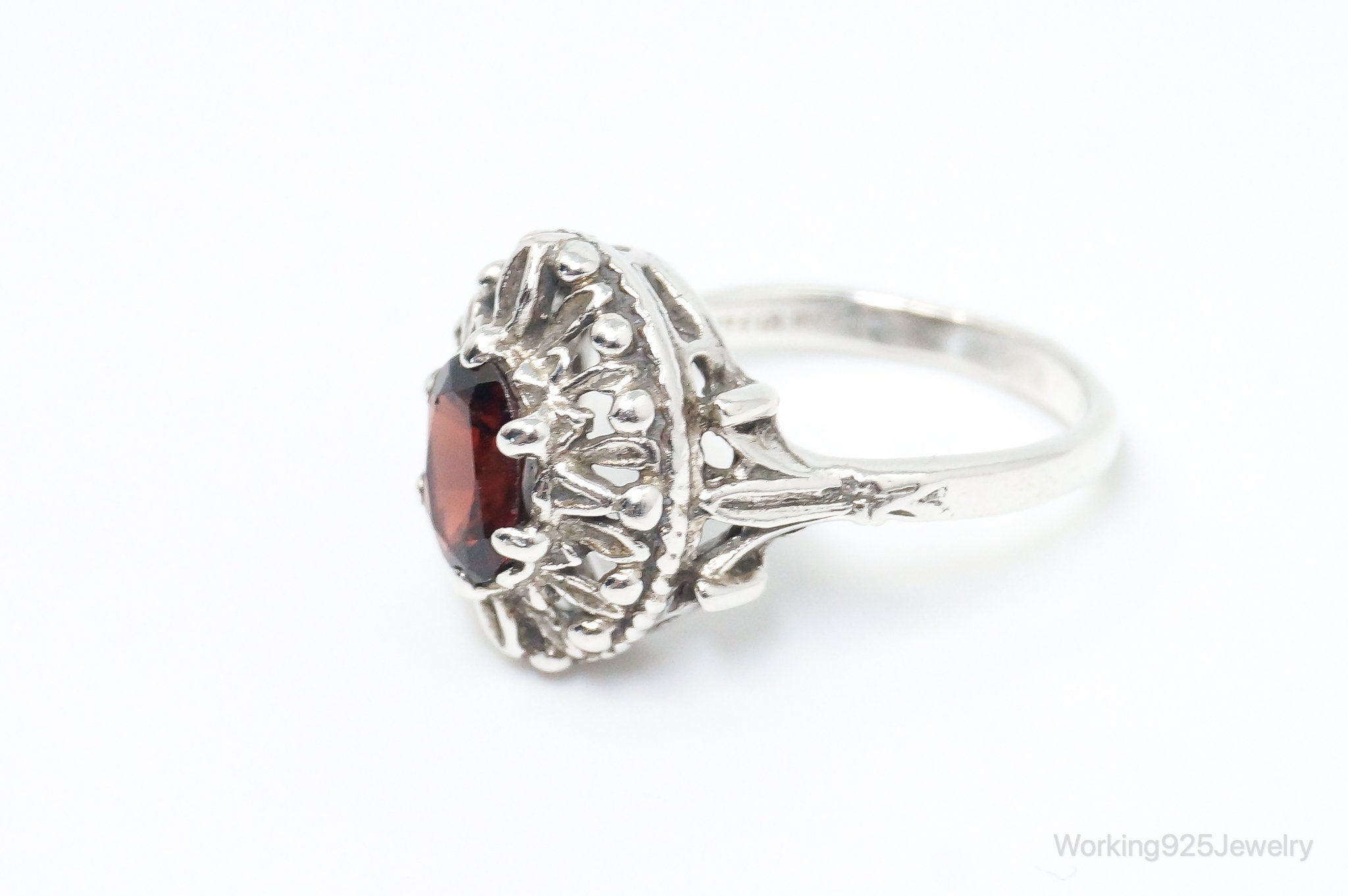 Vintage Mid Century Style Garnet Ring Sterling Silver - Size 6.5