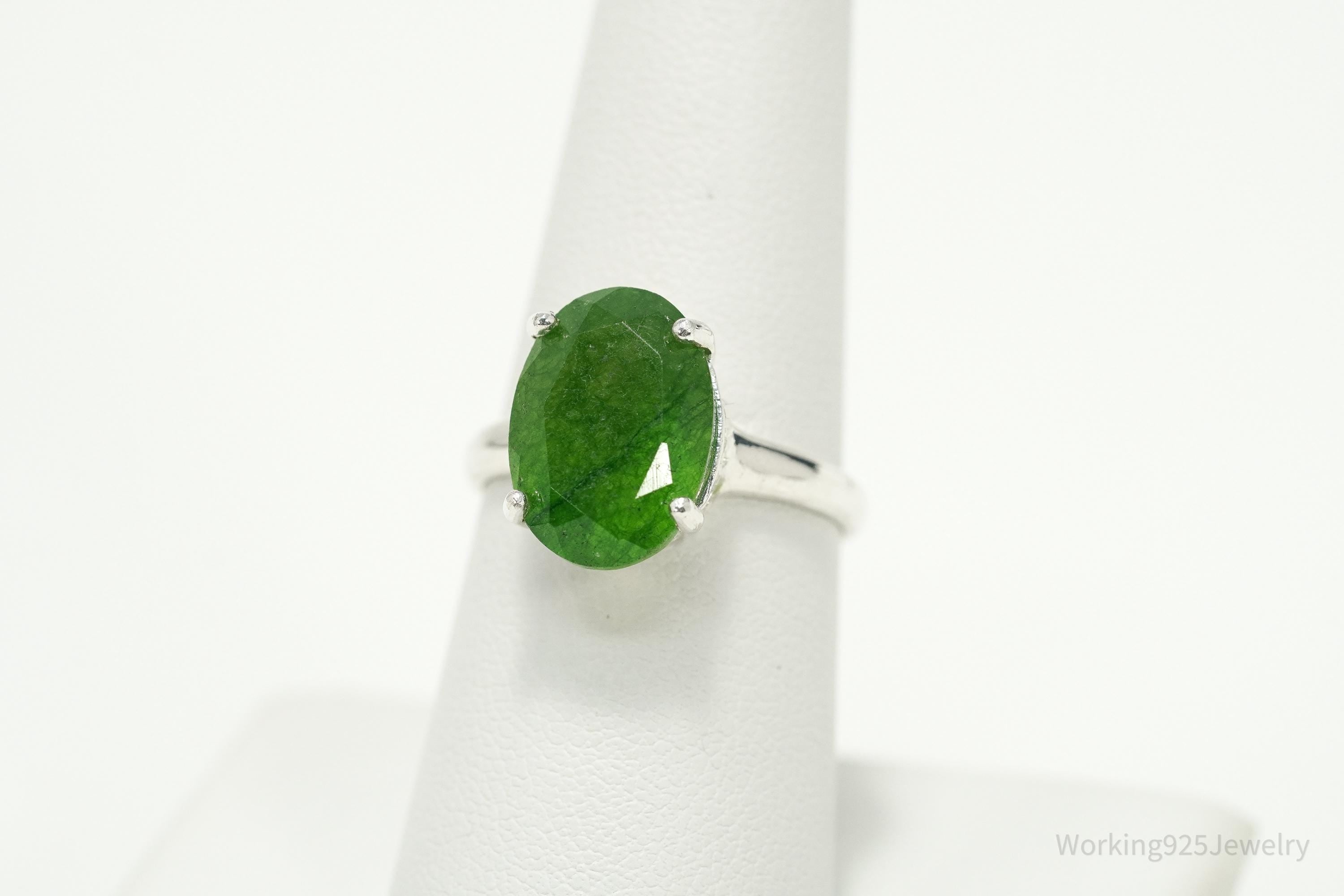 Vintage Oval Solitaire Emerald Sterling Silver Cocktail Ring – Size 7.25