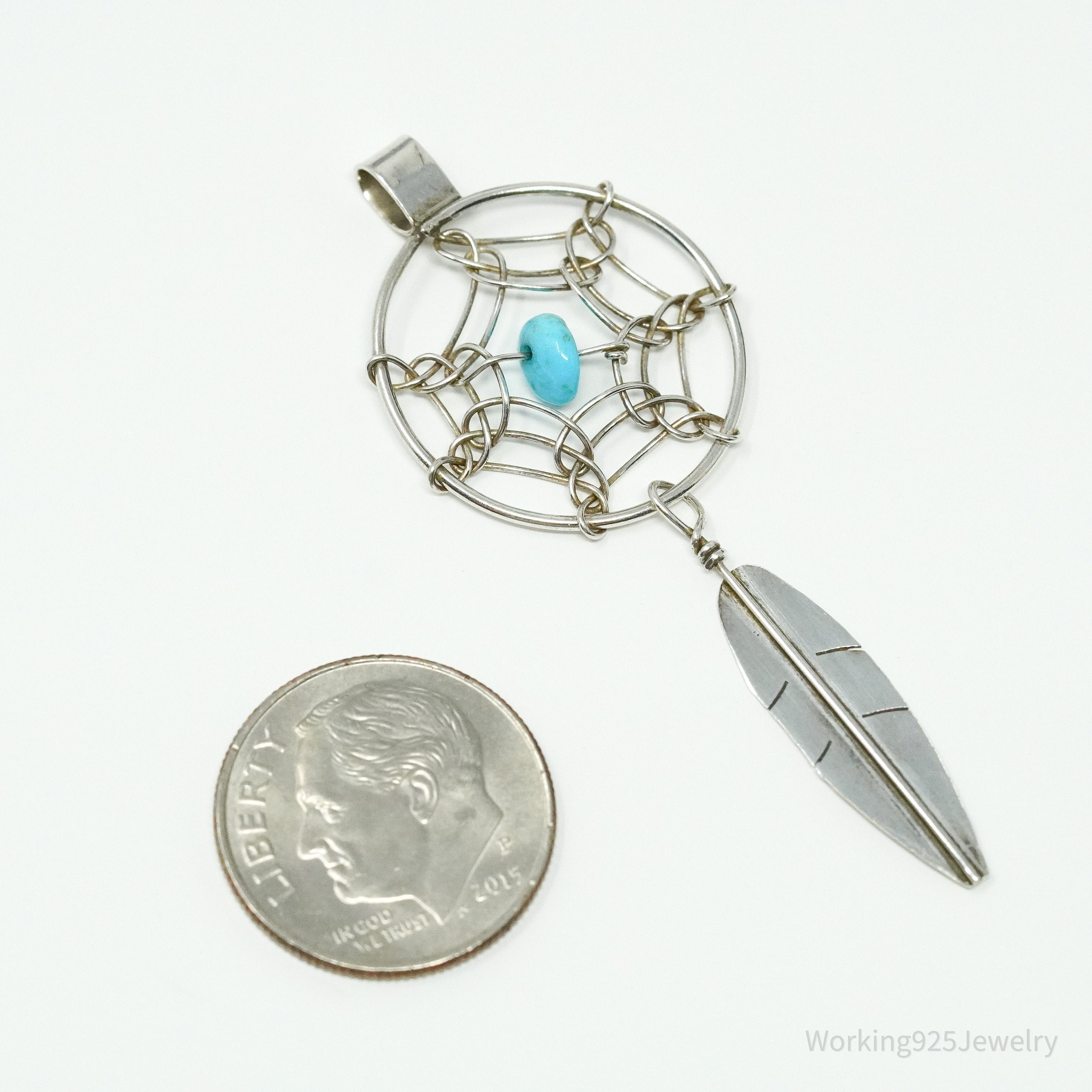 Vintage Native American Turquoise Dreamcatcher Silver Pendant
