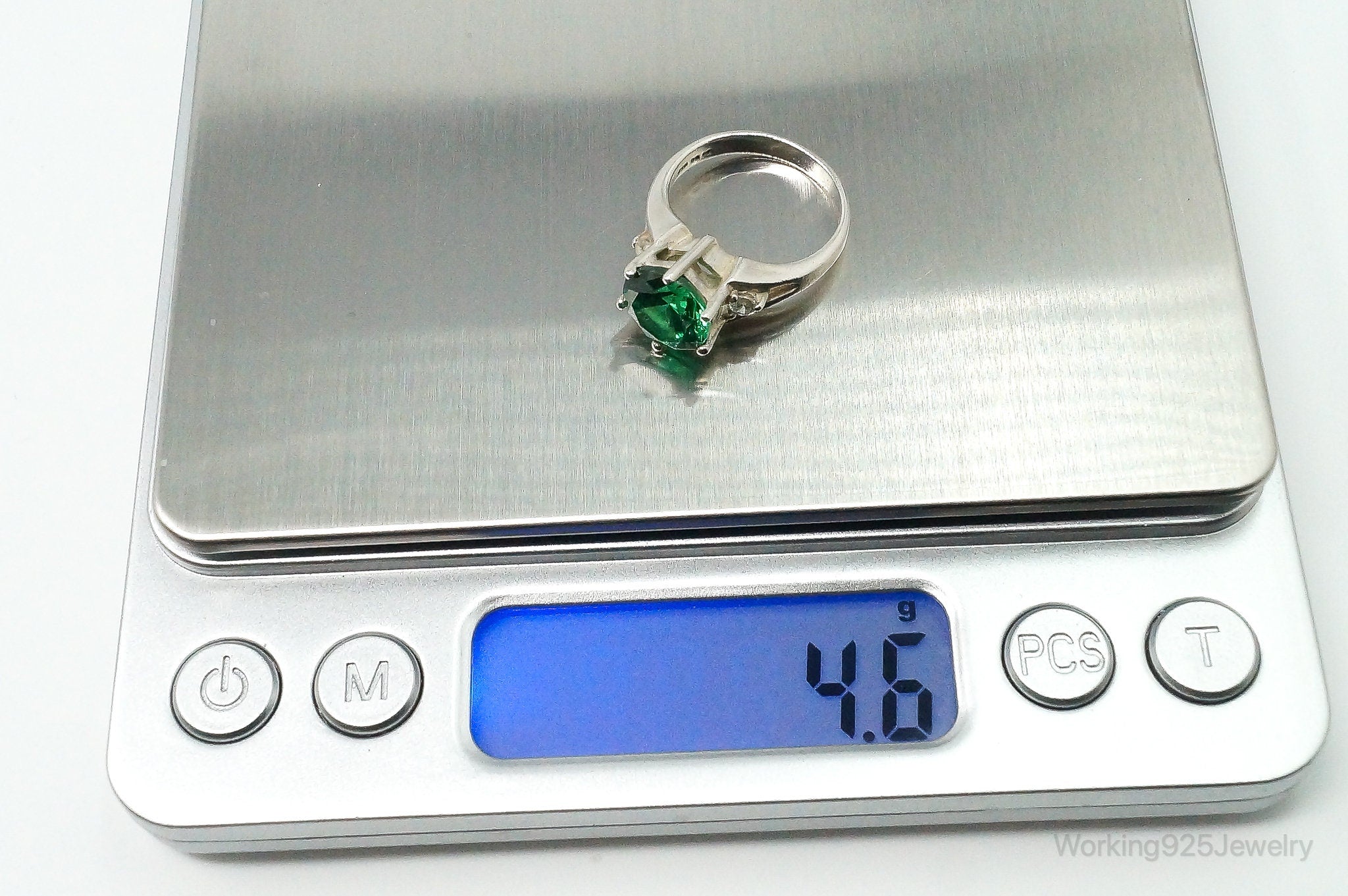 Vintage Large Green Cubic Zirconia Sterling Silver Ring - Size 5.25