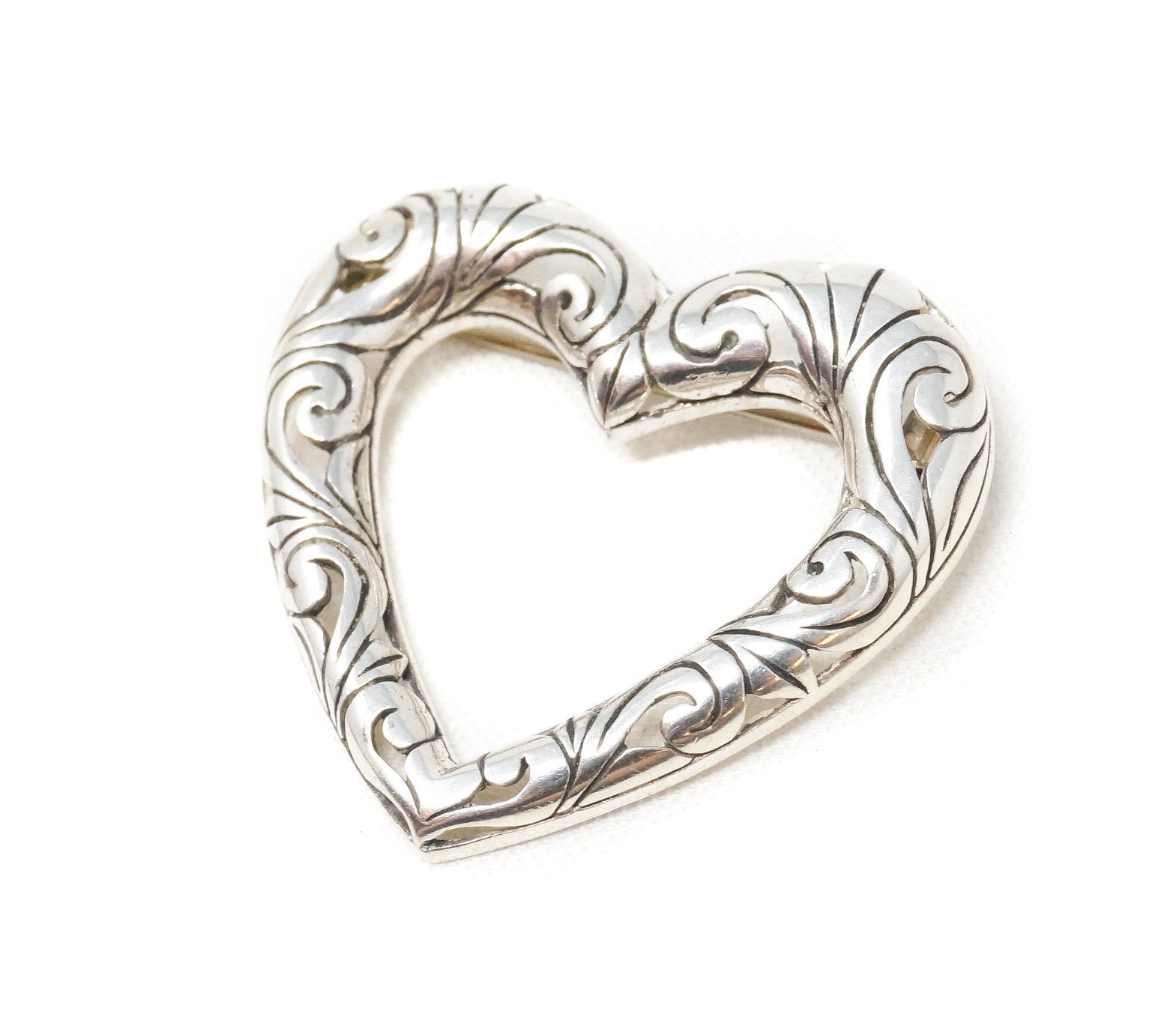 Vintage Open Heart Art Deco Swirl Sterling Silver Brooch Pin