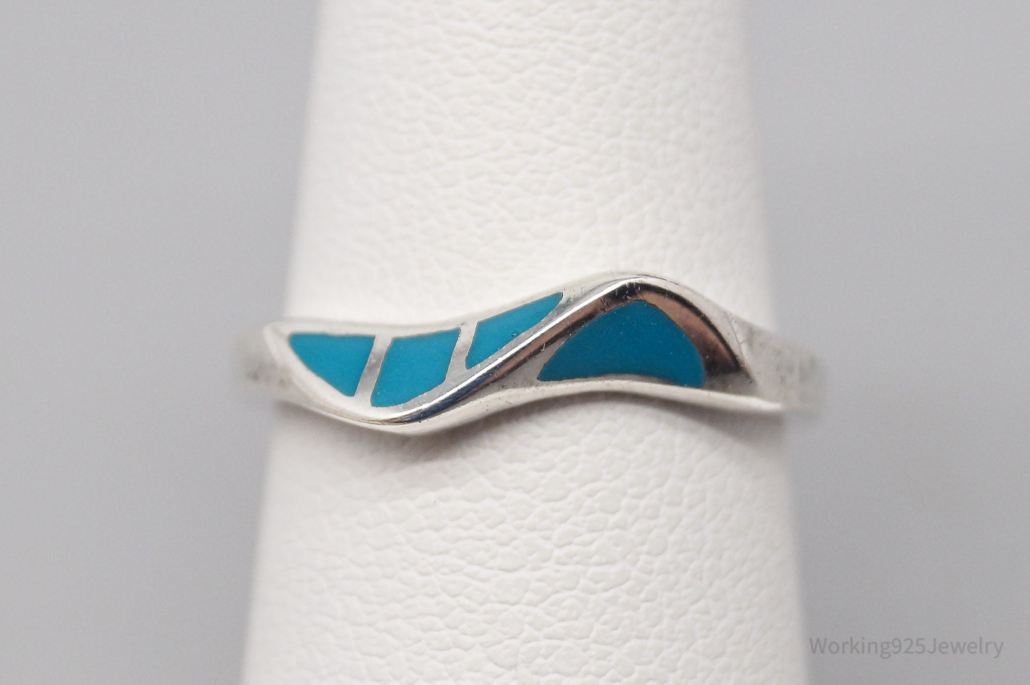 Vintage Modernist Style Blue Enamel Inlay Sterling Silver Ring - Size 5.75