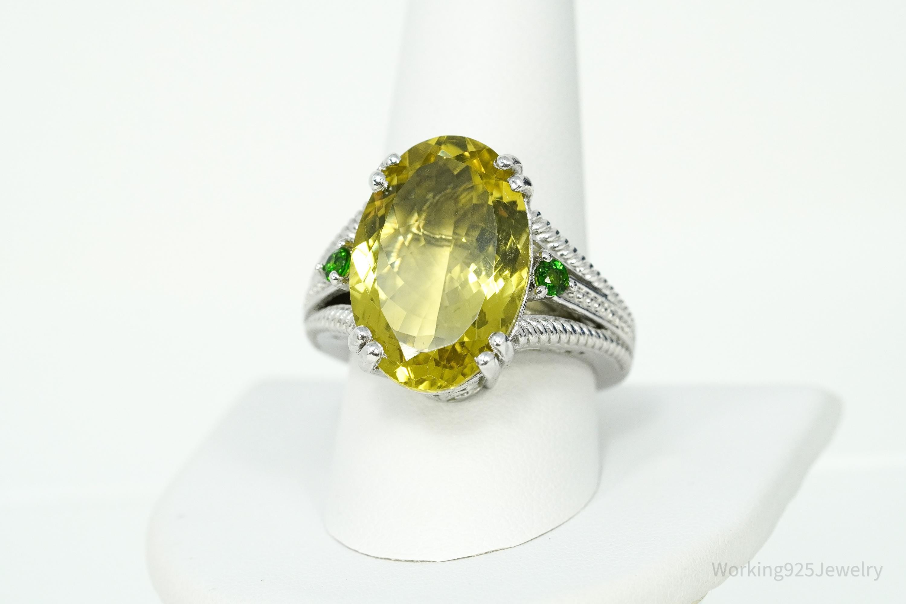 Vintage Large Lemon Quartz & Green Chrome Diopside Sterling Silver Ring Size 10