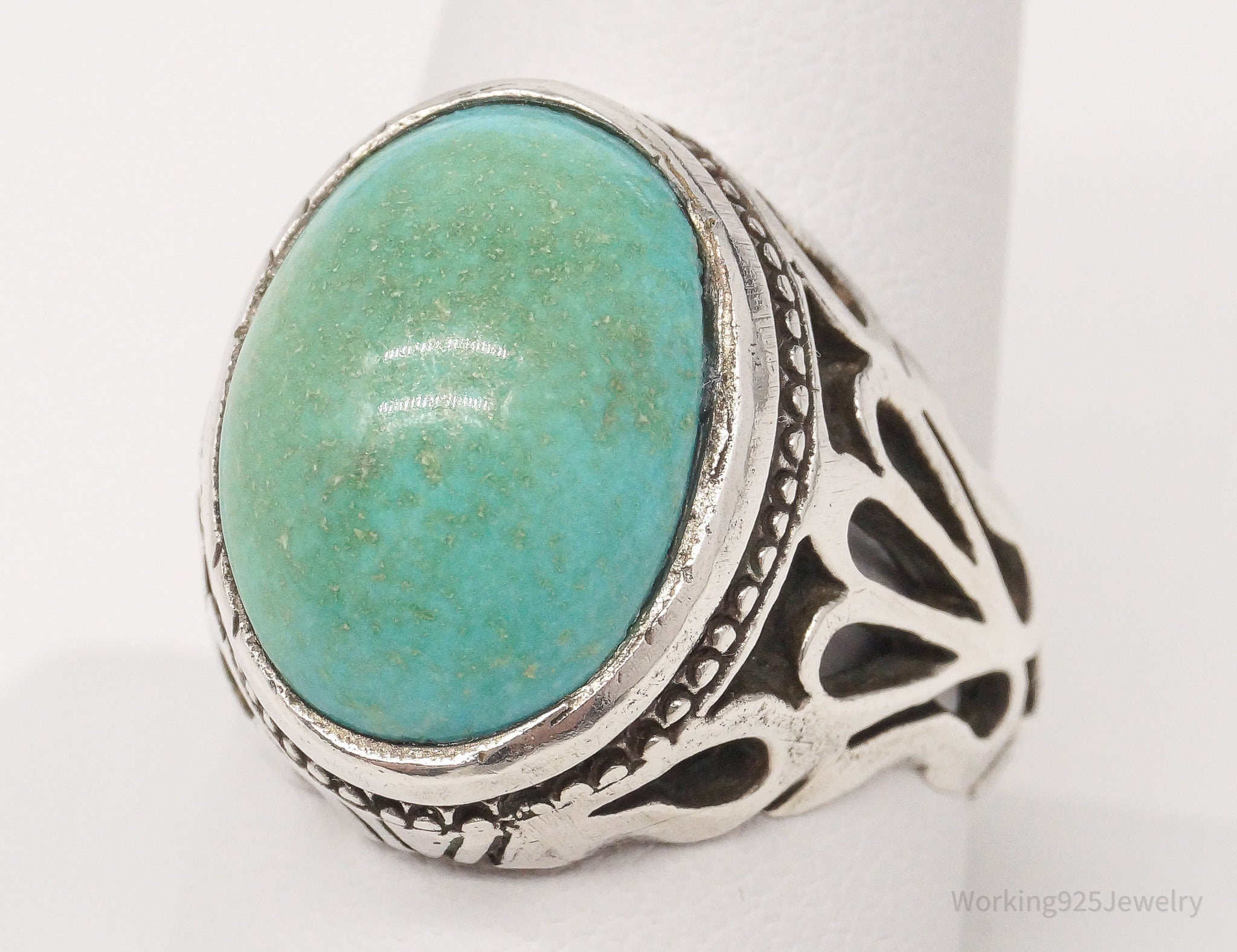 Vintage Large Turquoise Open Work Silver Ring - Size 10