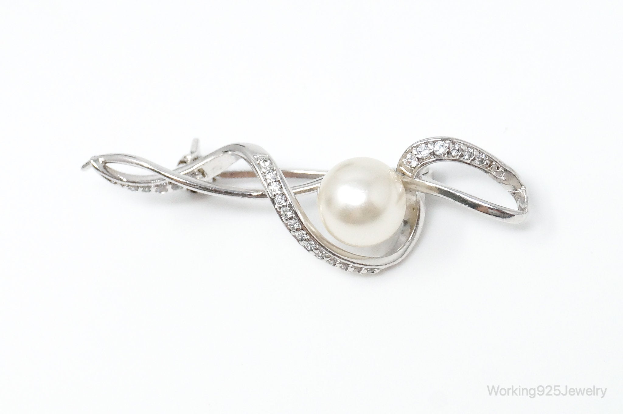 Vintage Pearl Cubic Zirconia Sterling Silver Brooch Pin