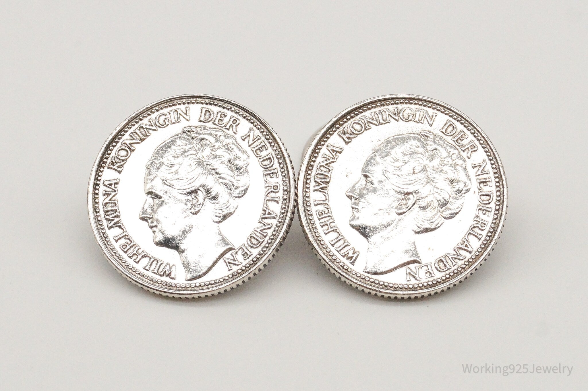 Vintage Wilhelmina Koningin Der Nederlanden Coins Silver Cufflinks