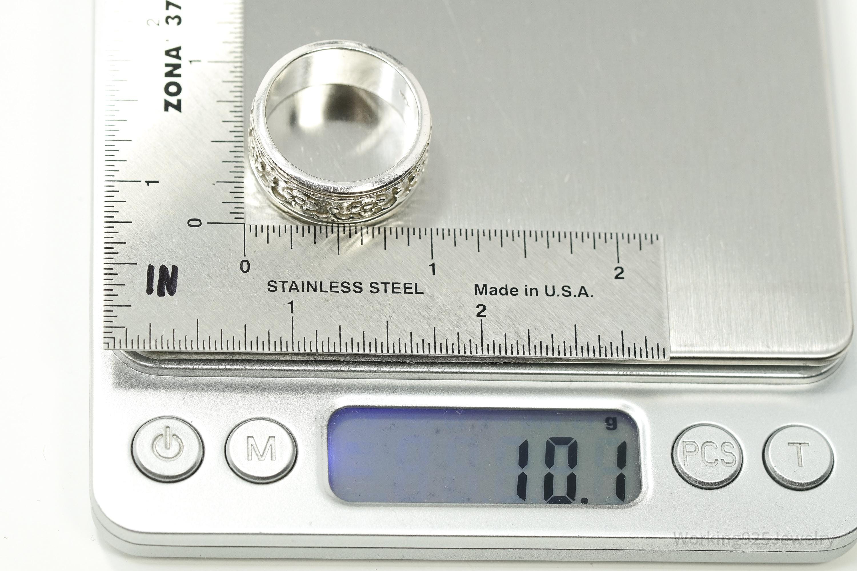 Vintage Mexico Flowers Pattern Sterling Silver Band Ring - Size 11.5