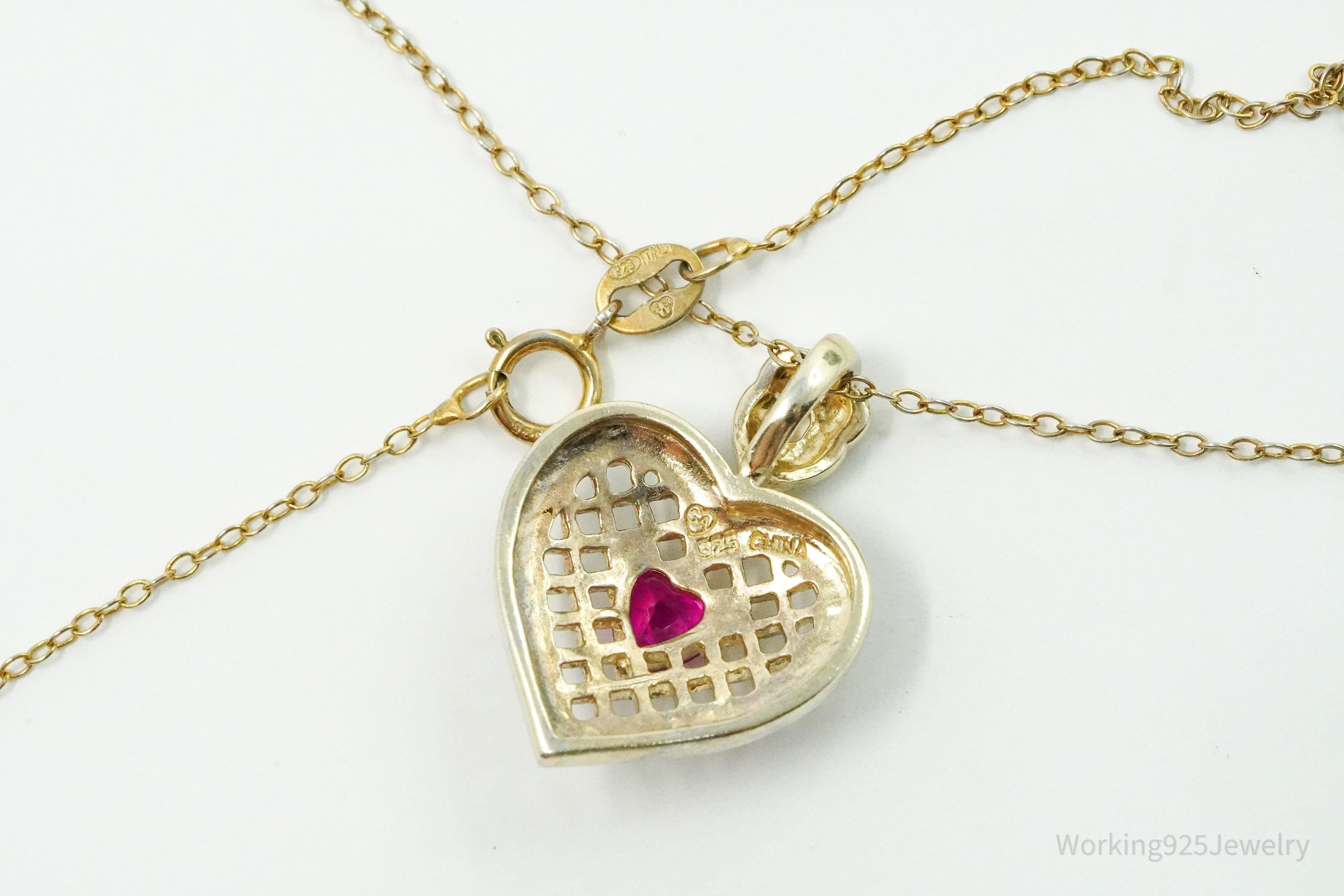 Vintage Ruby & Diamond Gold Over Sterling Silver Heart Necklace 18"