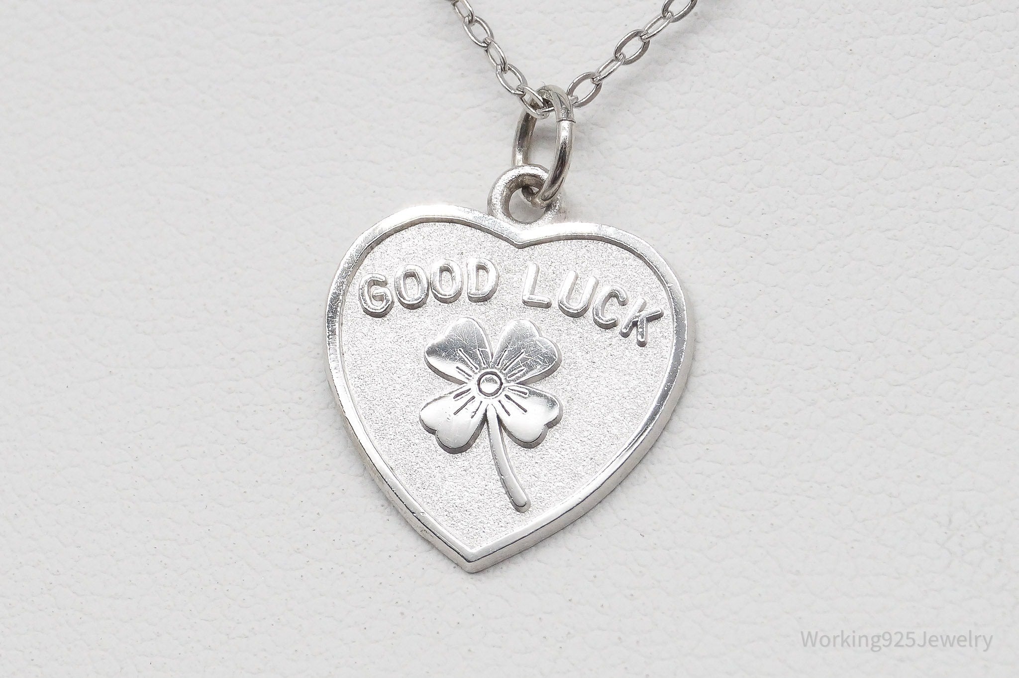 Vintage Good Luck Four Leaf Clover Heart Sterling Silver Necklace - 18"