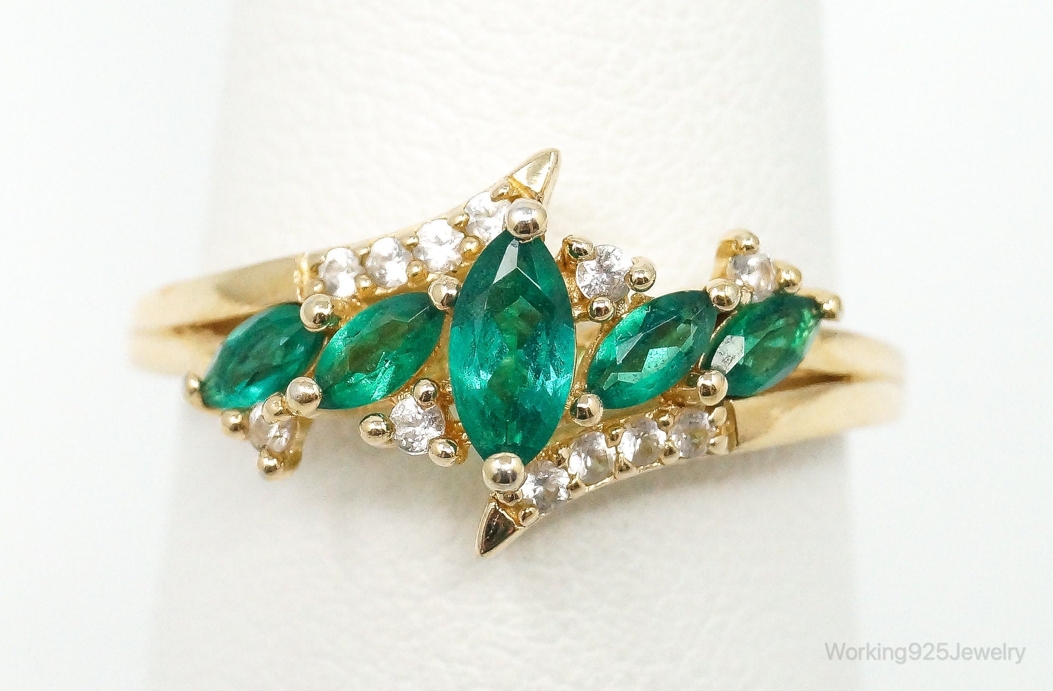 Vintage Lab Emerald Cubic Zirconia Gold Vermeil Sterling Silver Ring Size 7