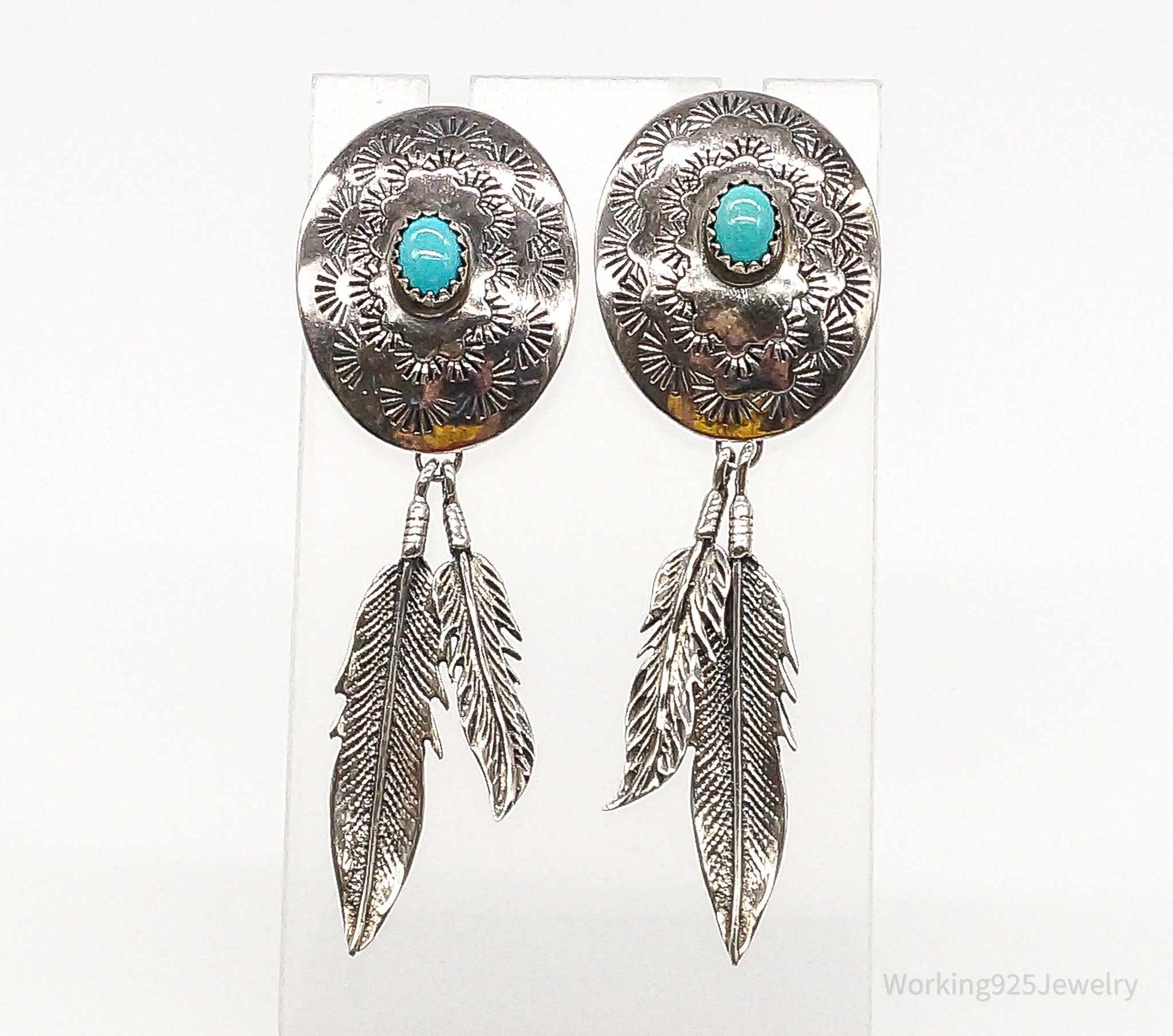 Vintage Native American Turquoise Feather Sterling Silver Earrings