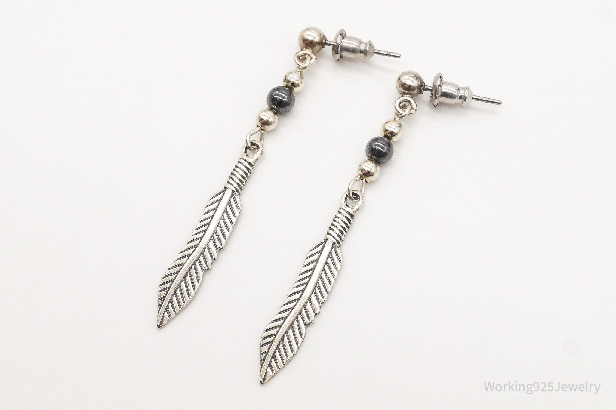 Vintage WM Co Hematite Feather Sterling Silver Earrings