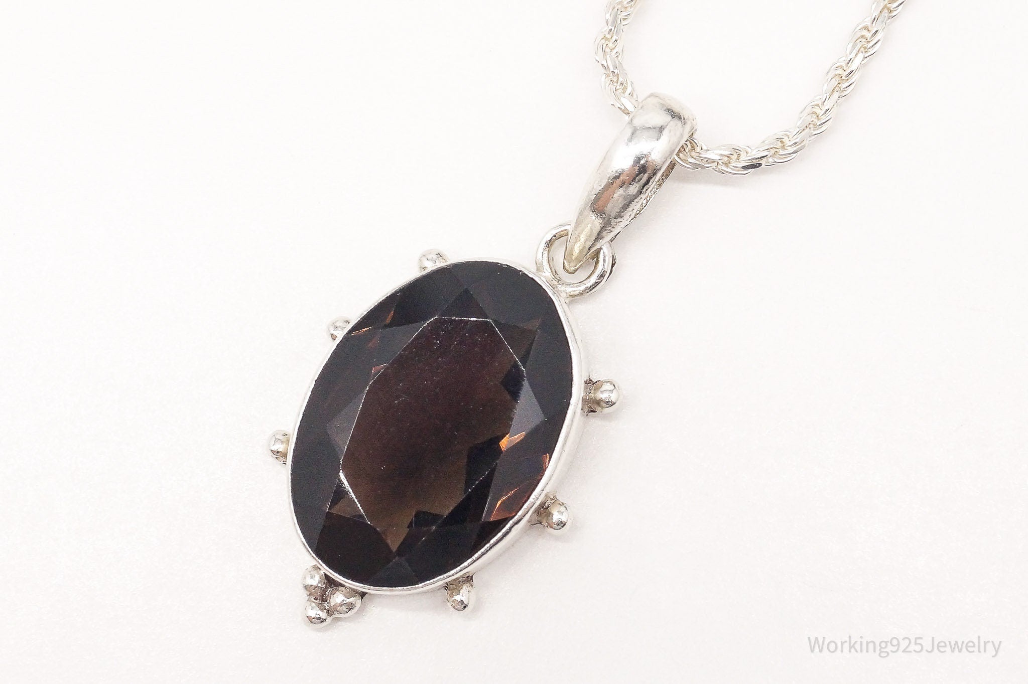 Vintage Large Smoky Topaz Sterling Silver Necklace 16"