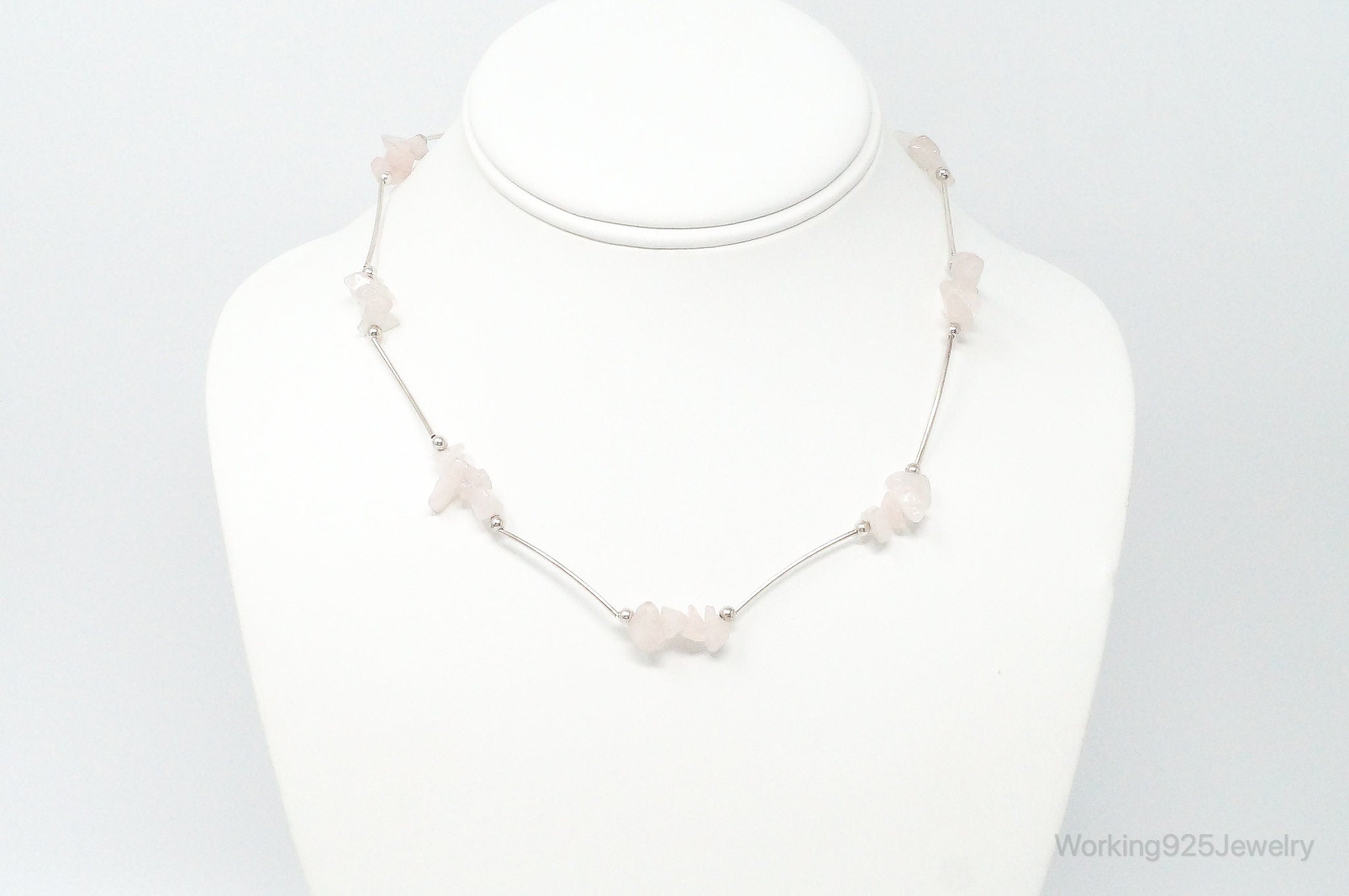 Vintage Rose Quartz Bead Sterling Silver Necklace