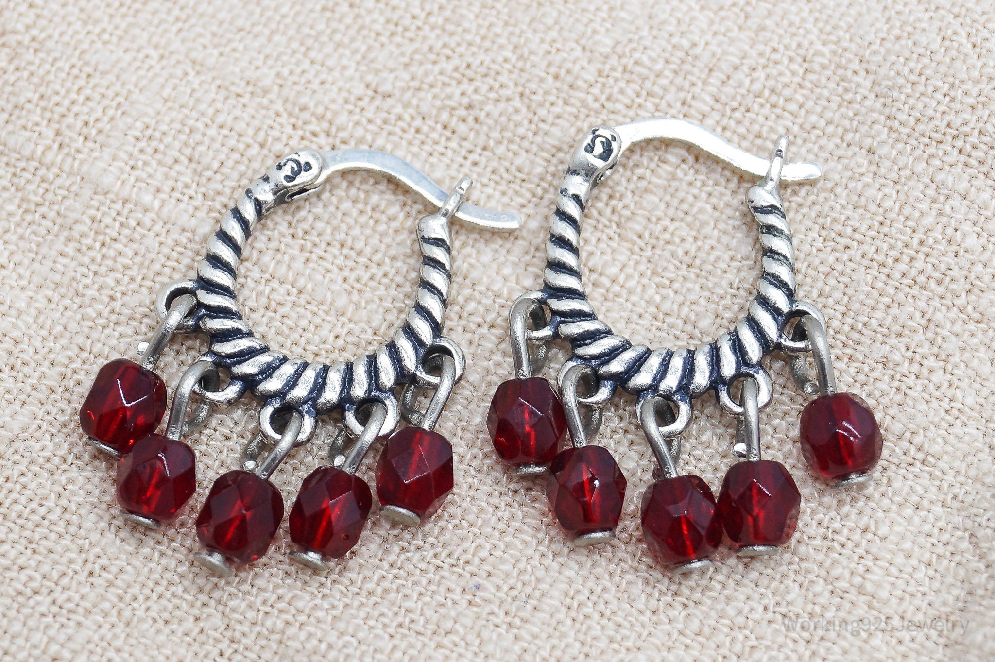 Vintage Red Crystal Sterling Silver Hoop Earrings