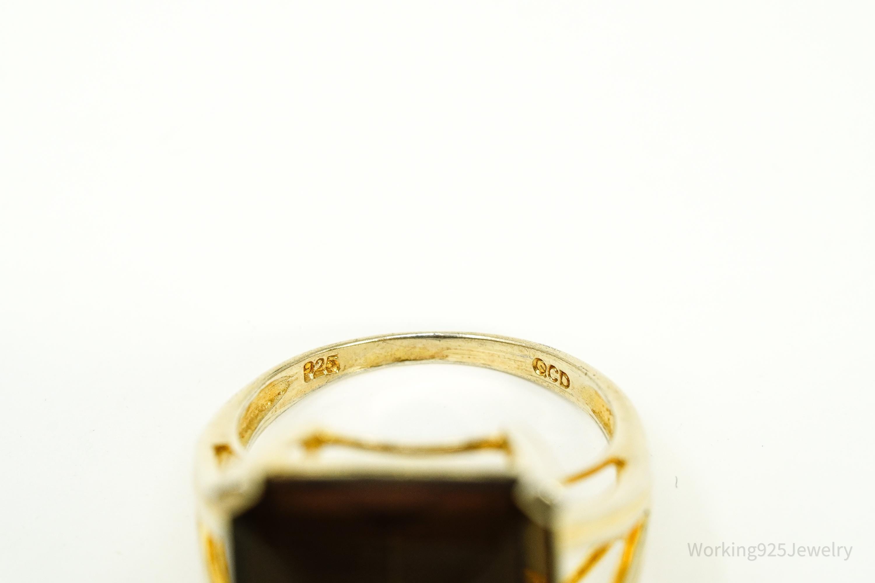 Vintage Large Smoky Topaz Gold Vermeil Sterling Silver Ring - Size 7.5