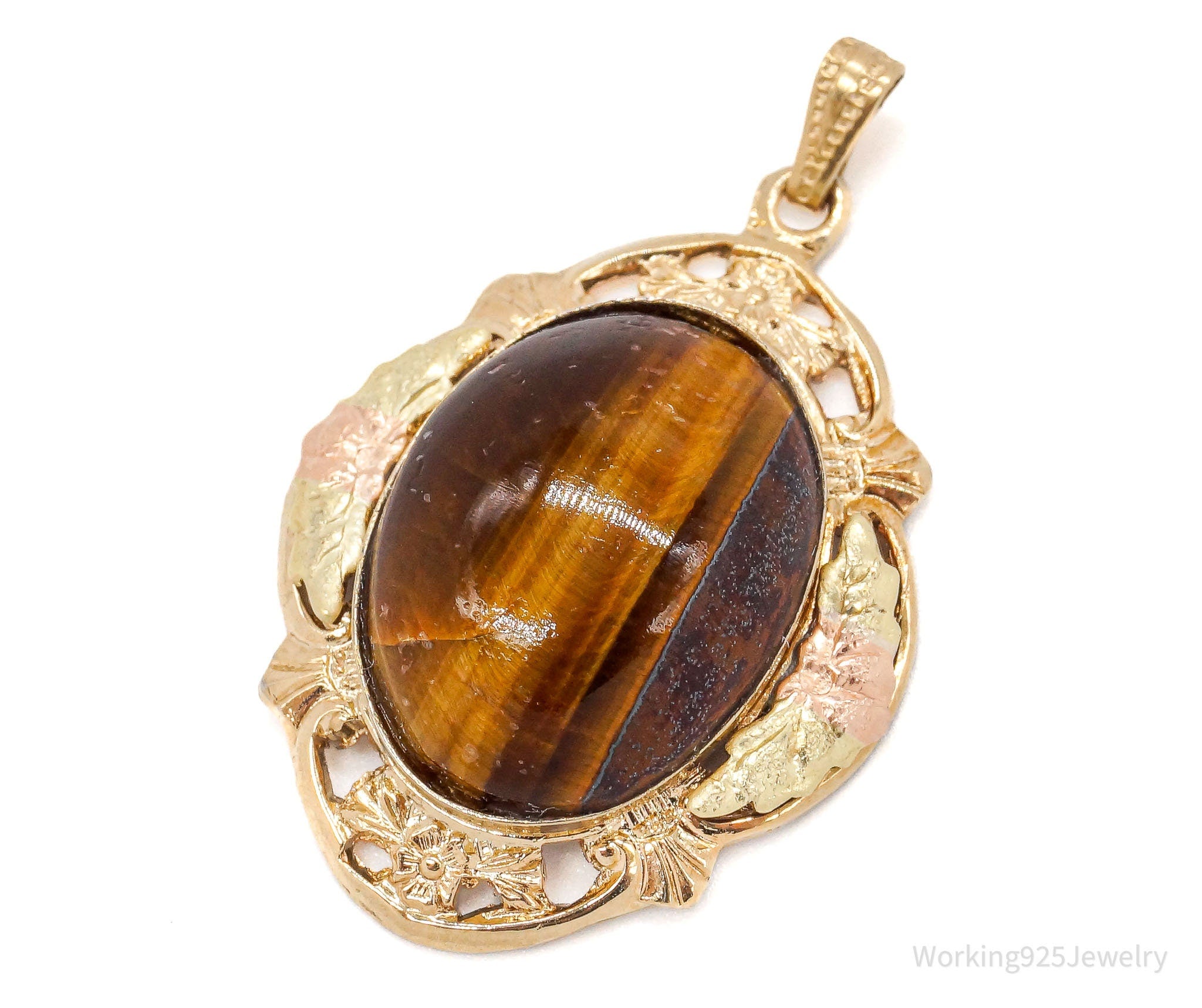 Vintage 1940s Designer LSP Co 12K GF Tigers Eye Sterling Silver Pendant