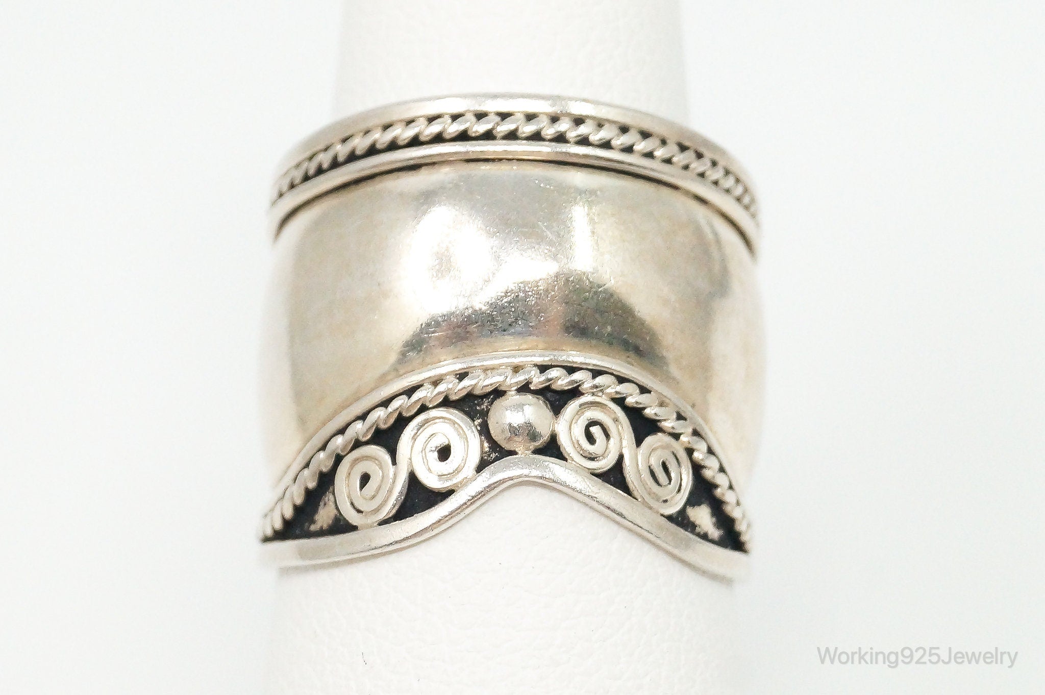 Vintage Wide Bali Style Scroll Swirls Sterling Silver Ring - Size 7