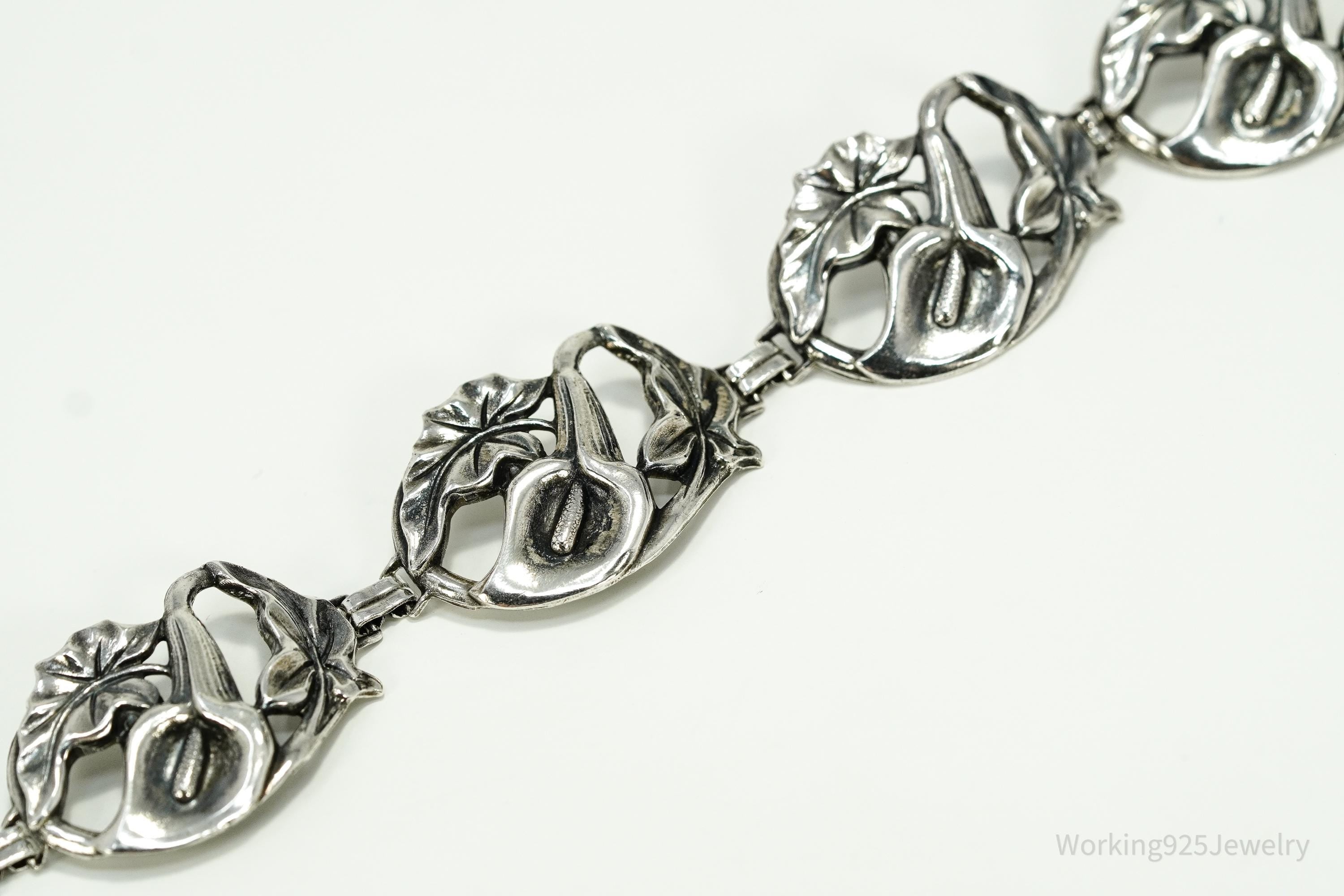 Antique Calla Lilly Floral Sterling Silver Bracelet 7 7/8"
