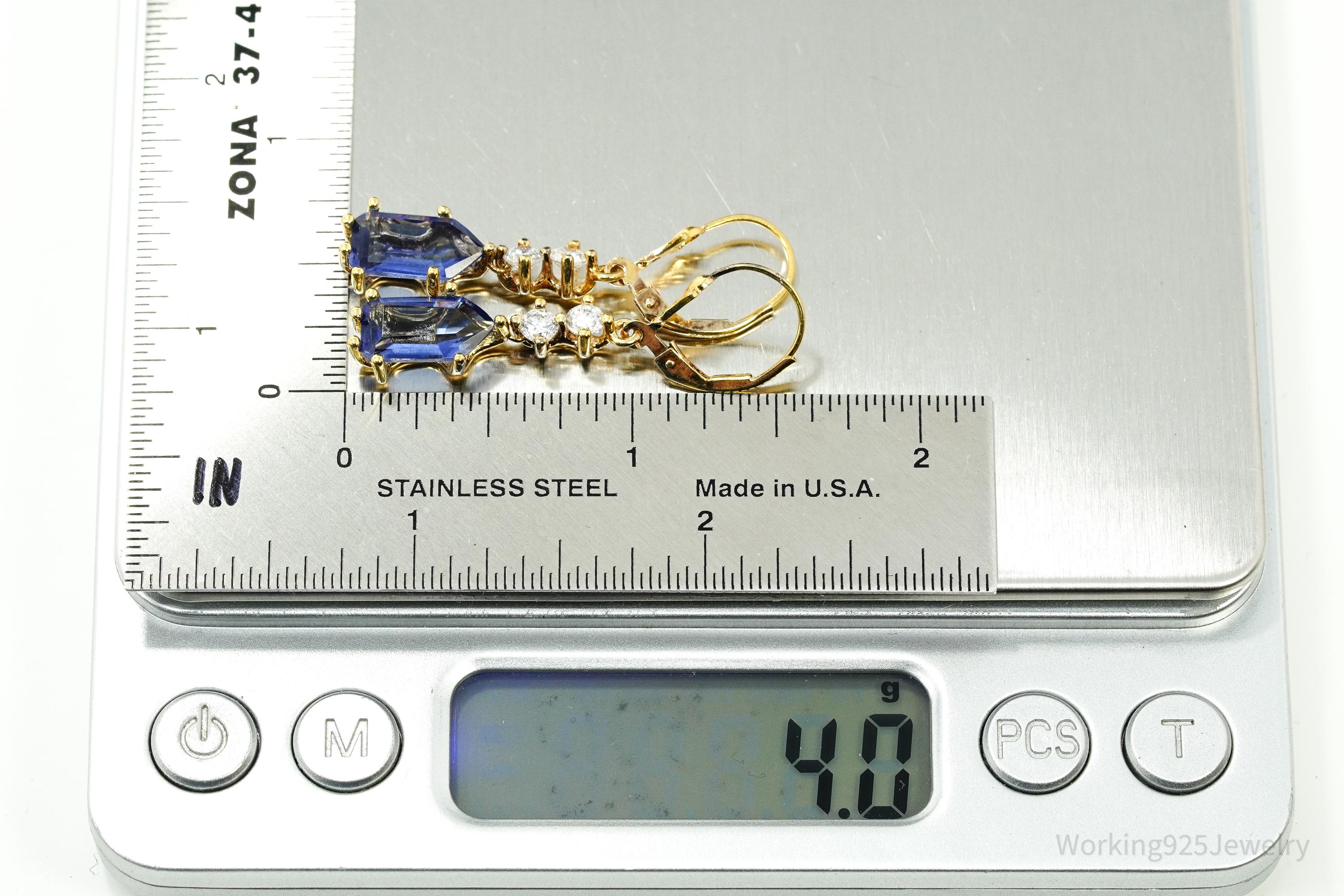 Vintage Lab Created Tanzanite & Cubic Zirconia Gold Vermeil Sterling Silver Earrings