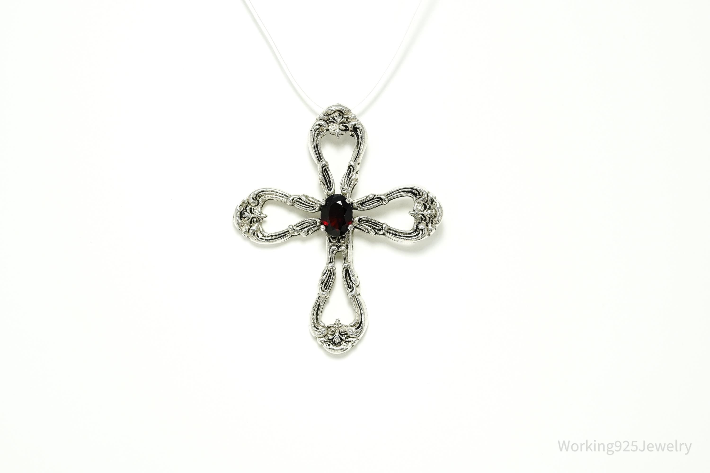 Vintage Designer Gorham Garnet Ornate Sterling Silver Cross Necklace Pendant