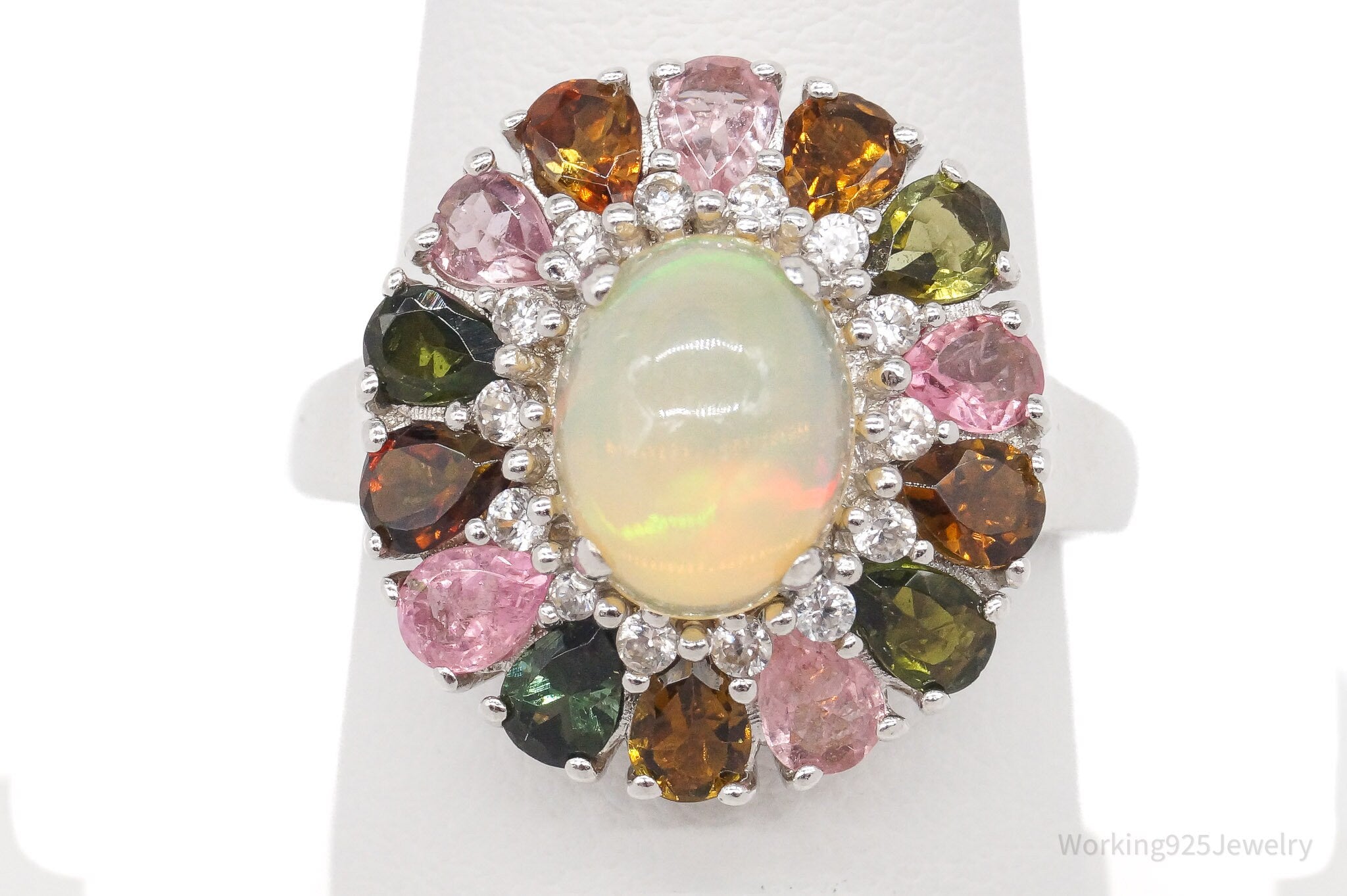 Ethiopian Opal Multicolored Tourmaline Zircon Rhodium Sterling Silver Ring SZ 8