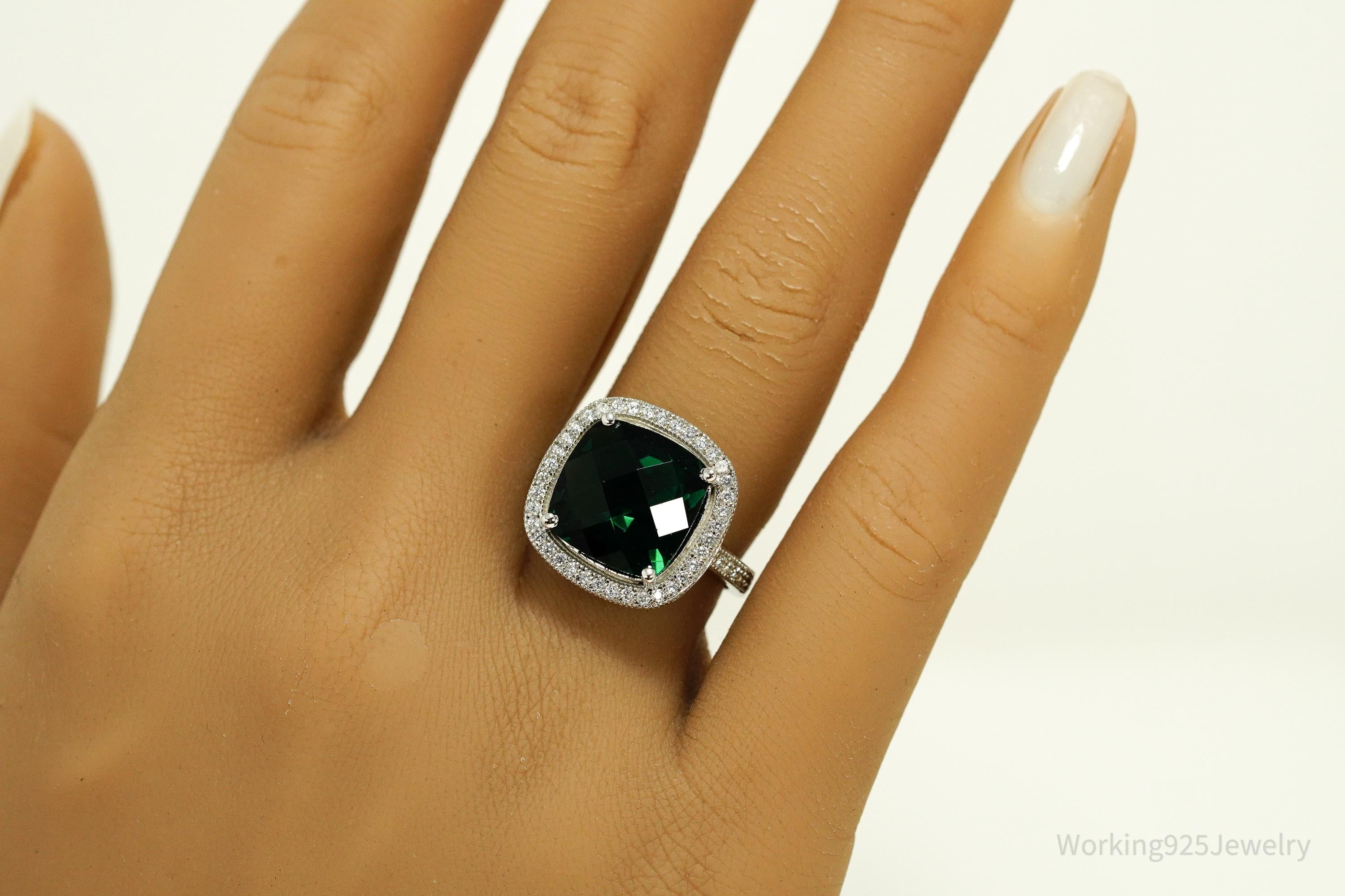 Vintage Faux Emerald & Cubic Zirconia Sterling Silver Ring - Size 7
