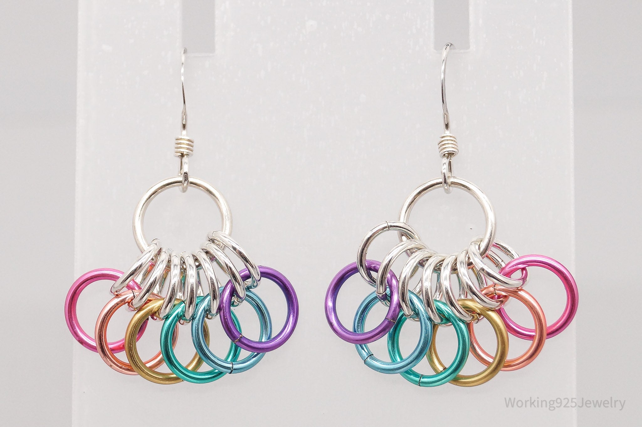 Vintage Rainbow Multi Color Rings Modernist Sterling Silver Earrings