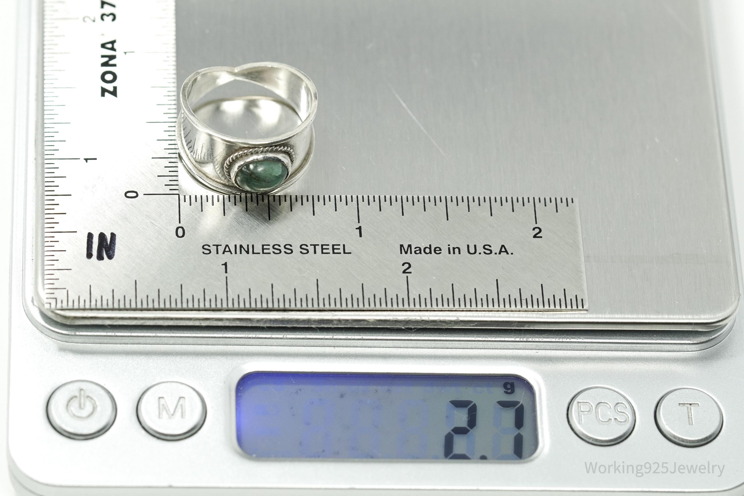 Vintage Green Stone 950 Silver Ring - Size 7.75