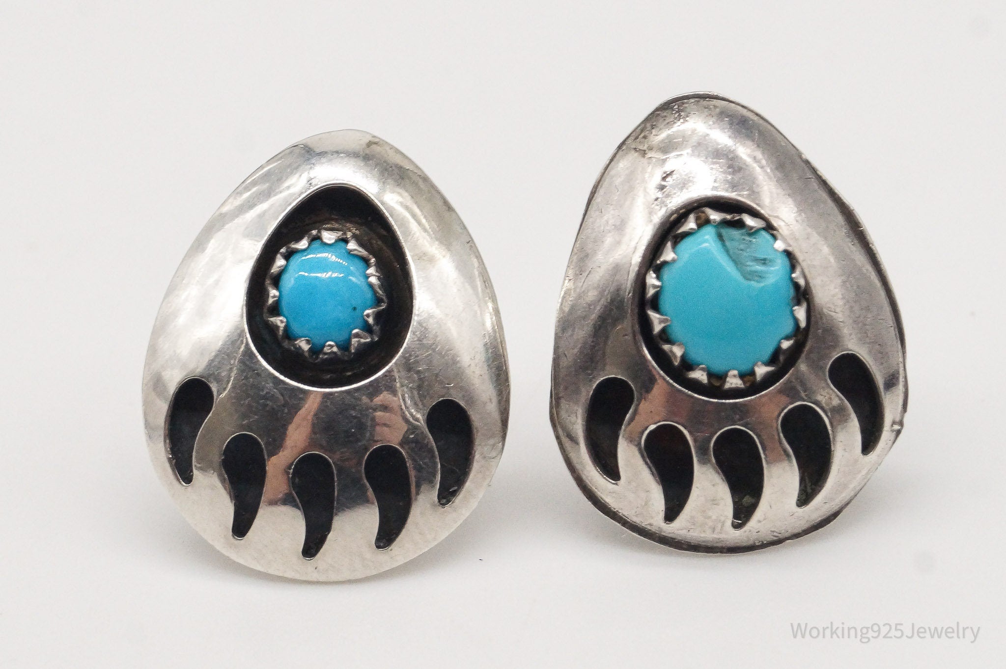 Vintage Native American Turquoise Bear Paw Print Silver Earrings