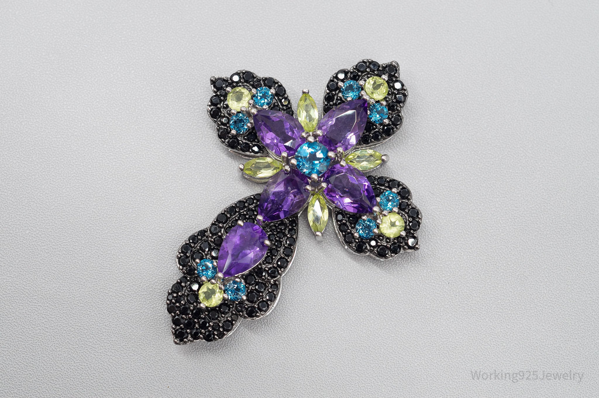 Large JTV DK Multi Gemstone Rhodium Over Sterling Silver Cross Pendant