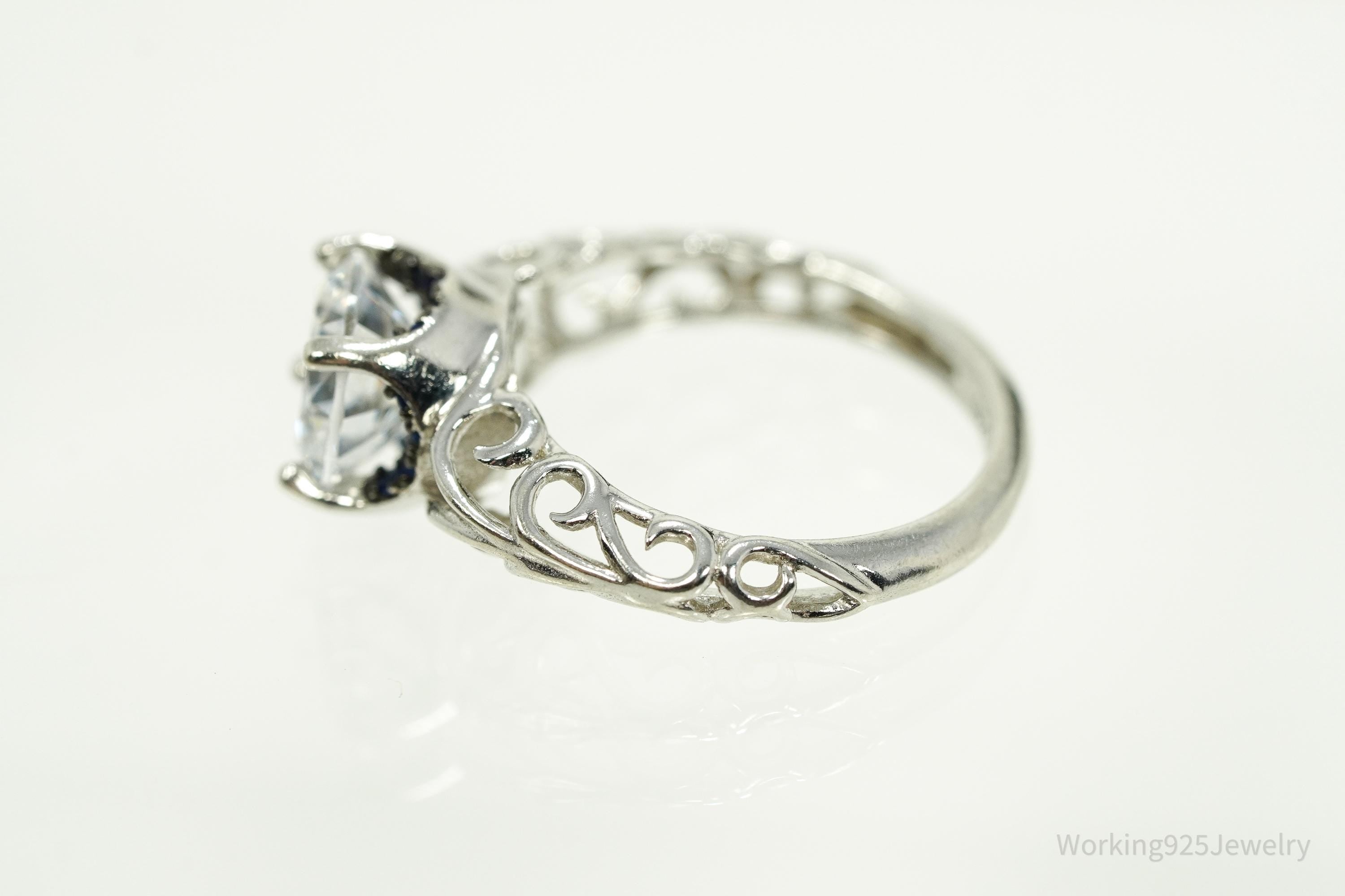 White Cubic Zirconia & Blue Spinel Sterling Silver Ring - Size 5