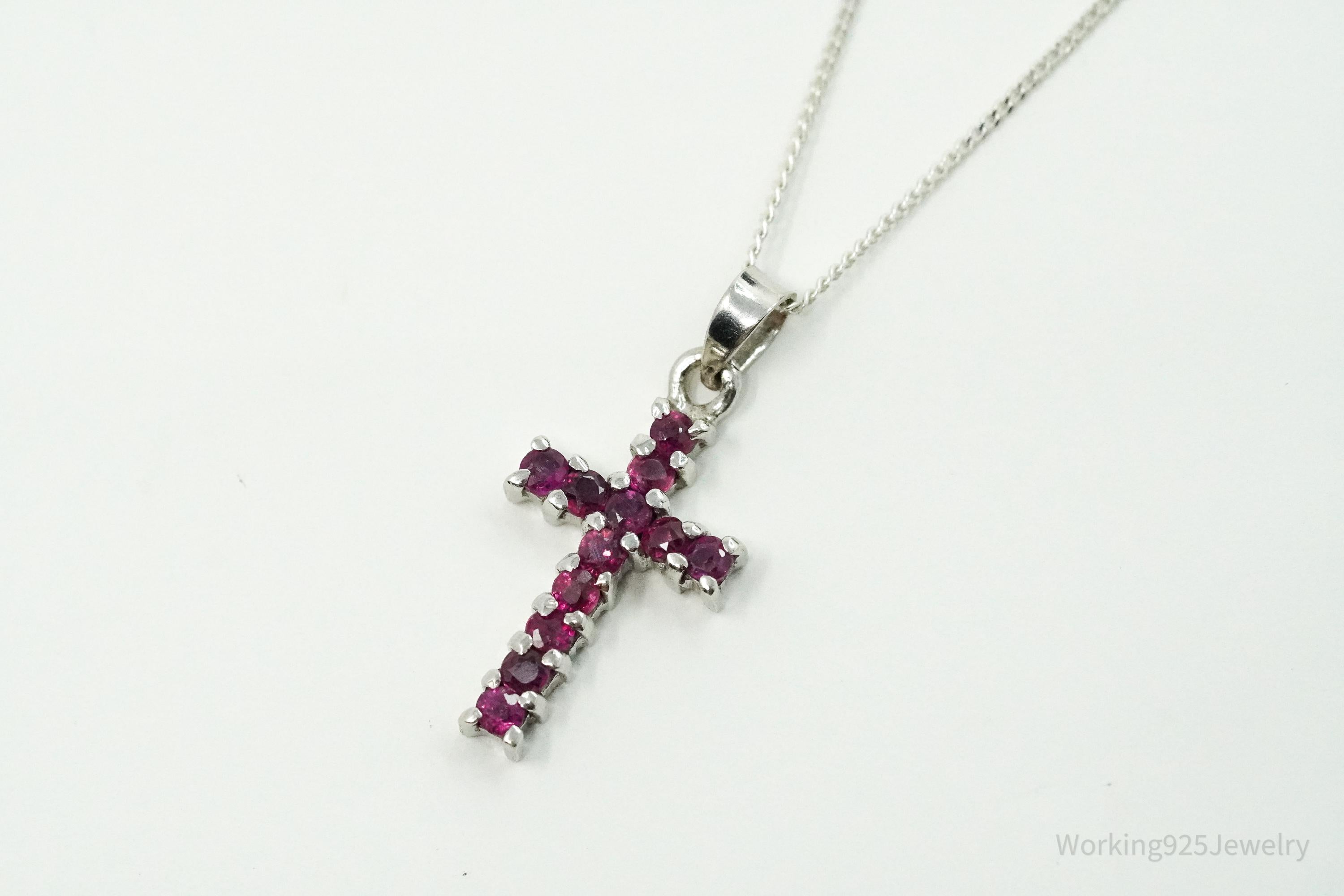 Vintage Ruby Cross Sterling Silver Necklace 16"