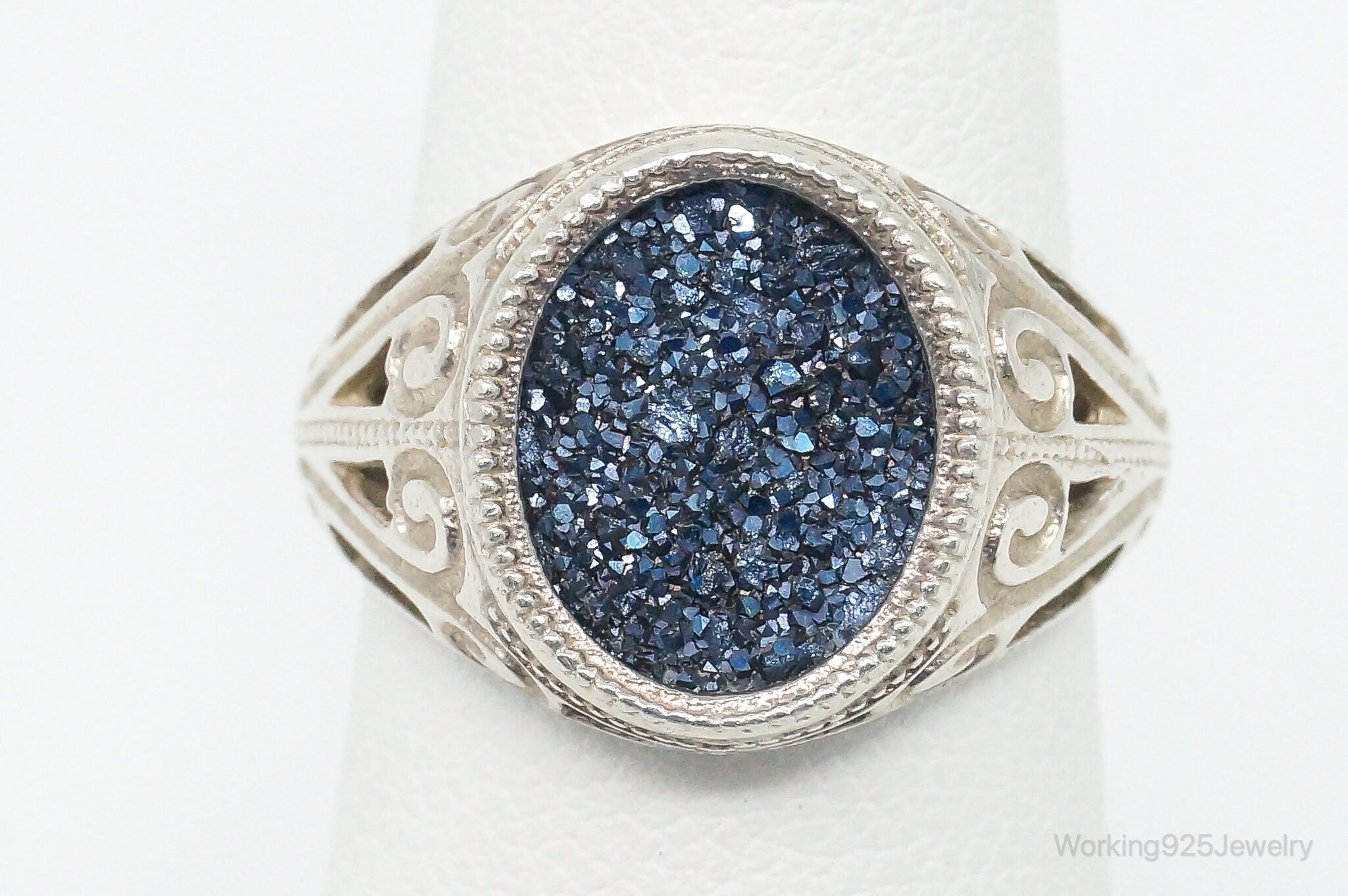 Vintage Titanium Blue Druzy Quartz Sterling Silver Ring - Size 6