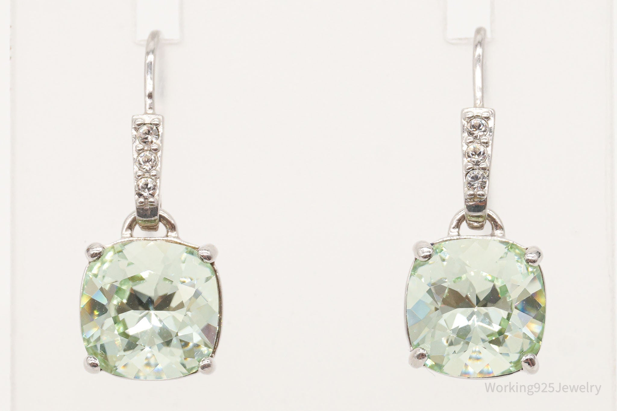 Vintage Large Green Stone Cubic Zirconia Sterling Silver Earrings