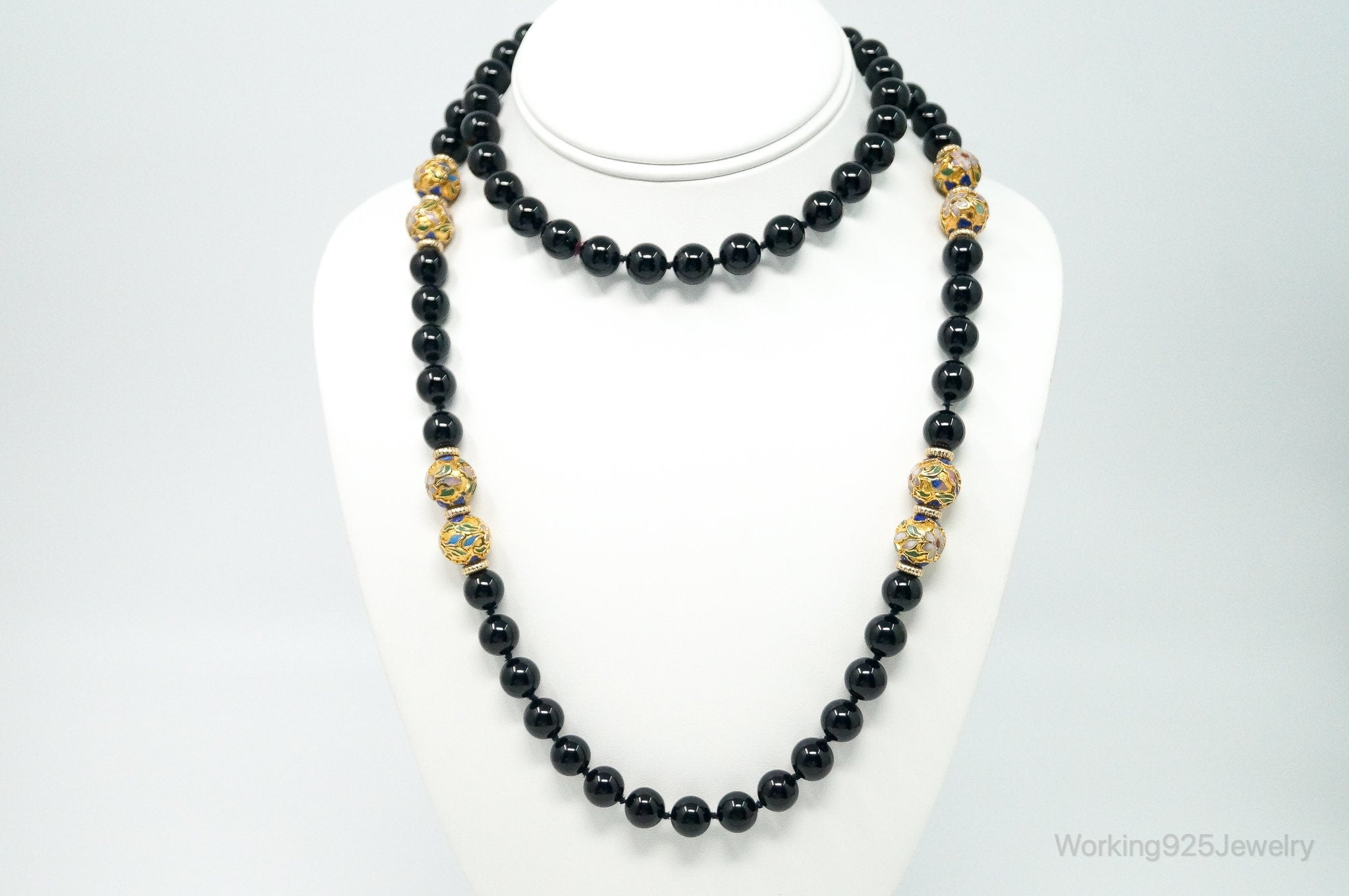 Vintage Long Black Onyx Cloisonne Beads Necklace