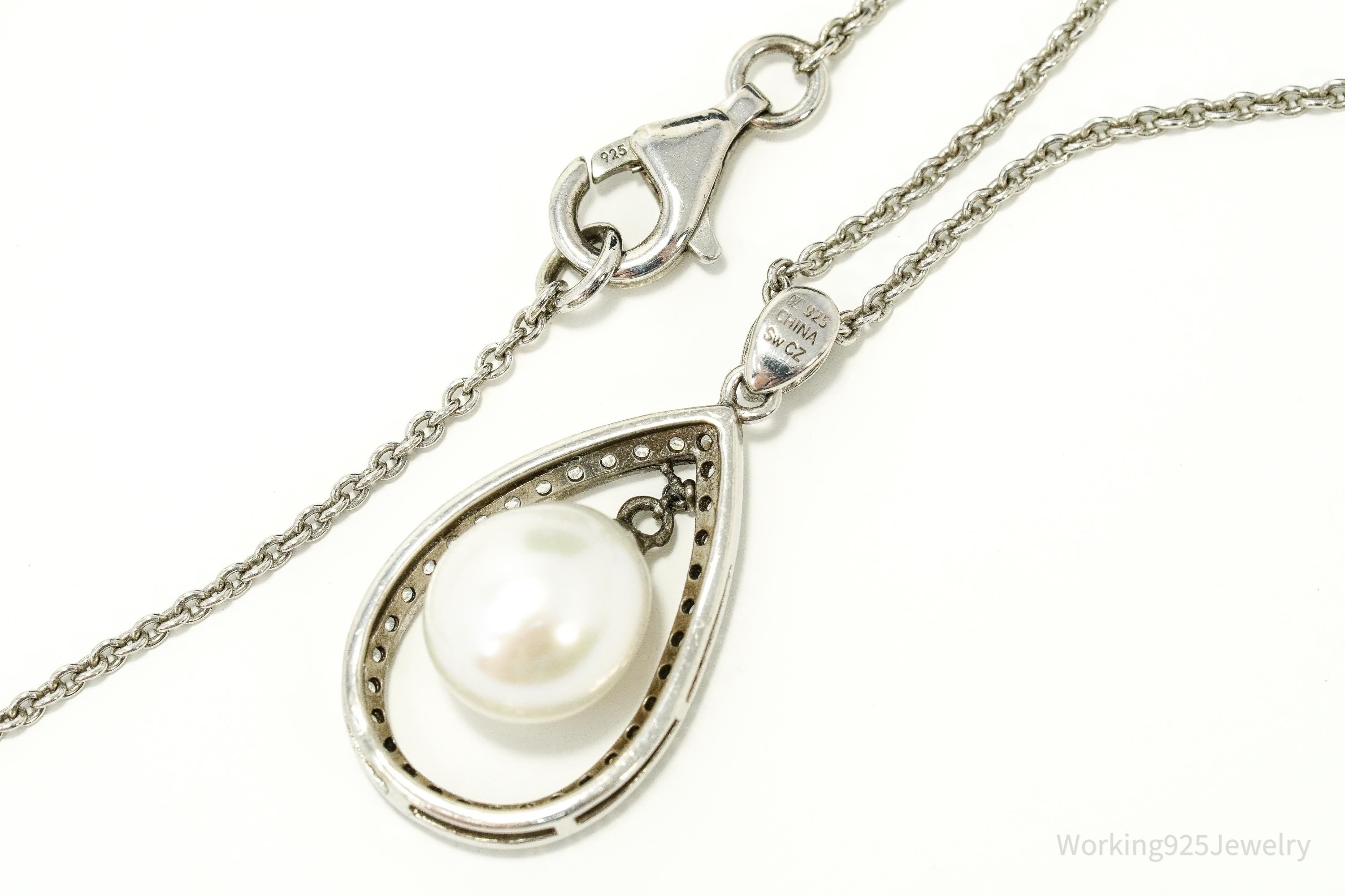 Vintage Pearl & Cubic Zirconia Sterling Silver Necklace 17"