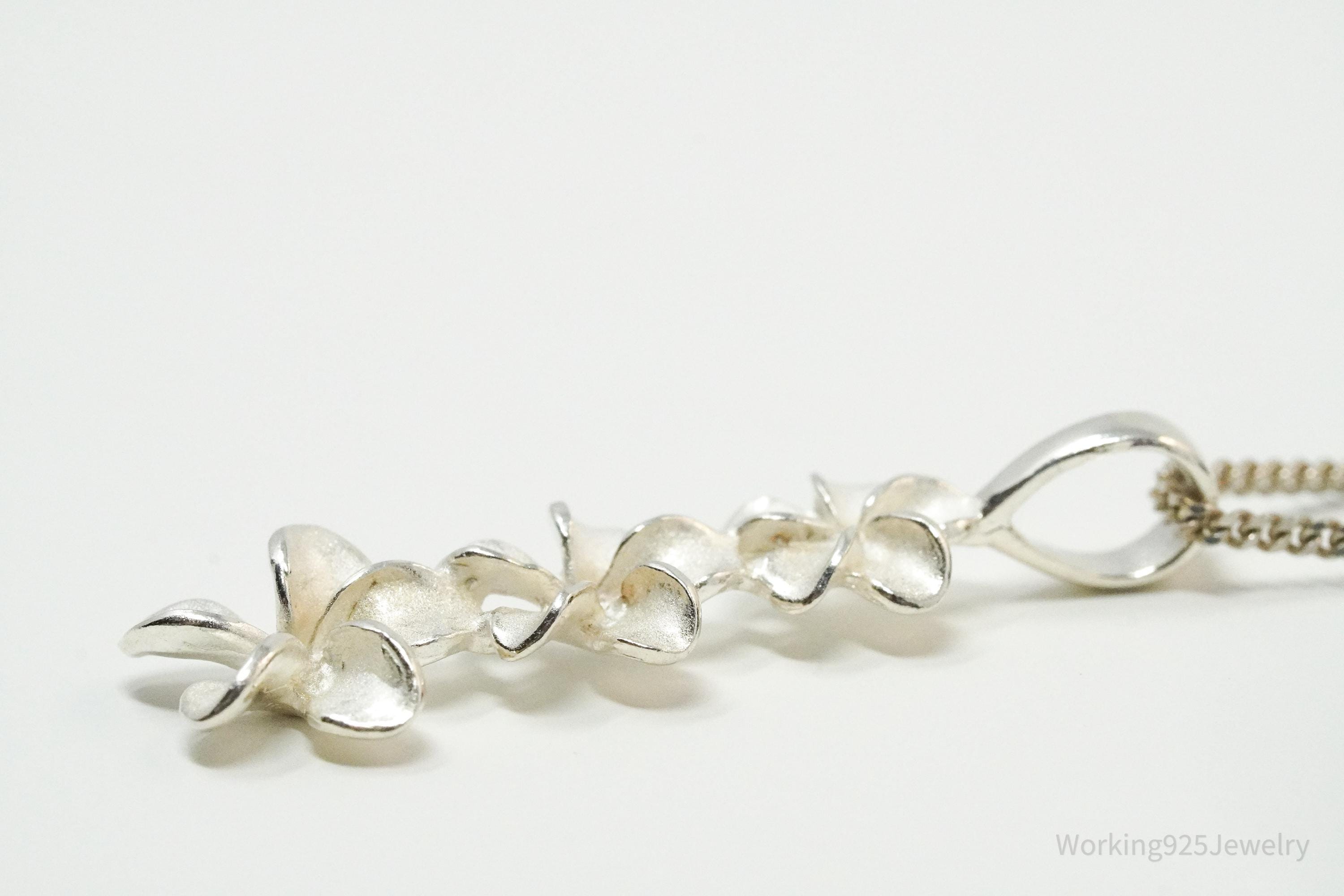 Vintage Sterling Silver Stacked Flowers Necklace 16"