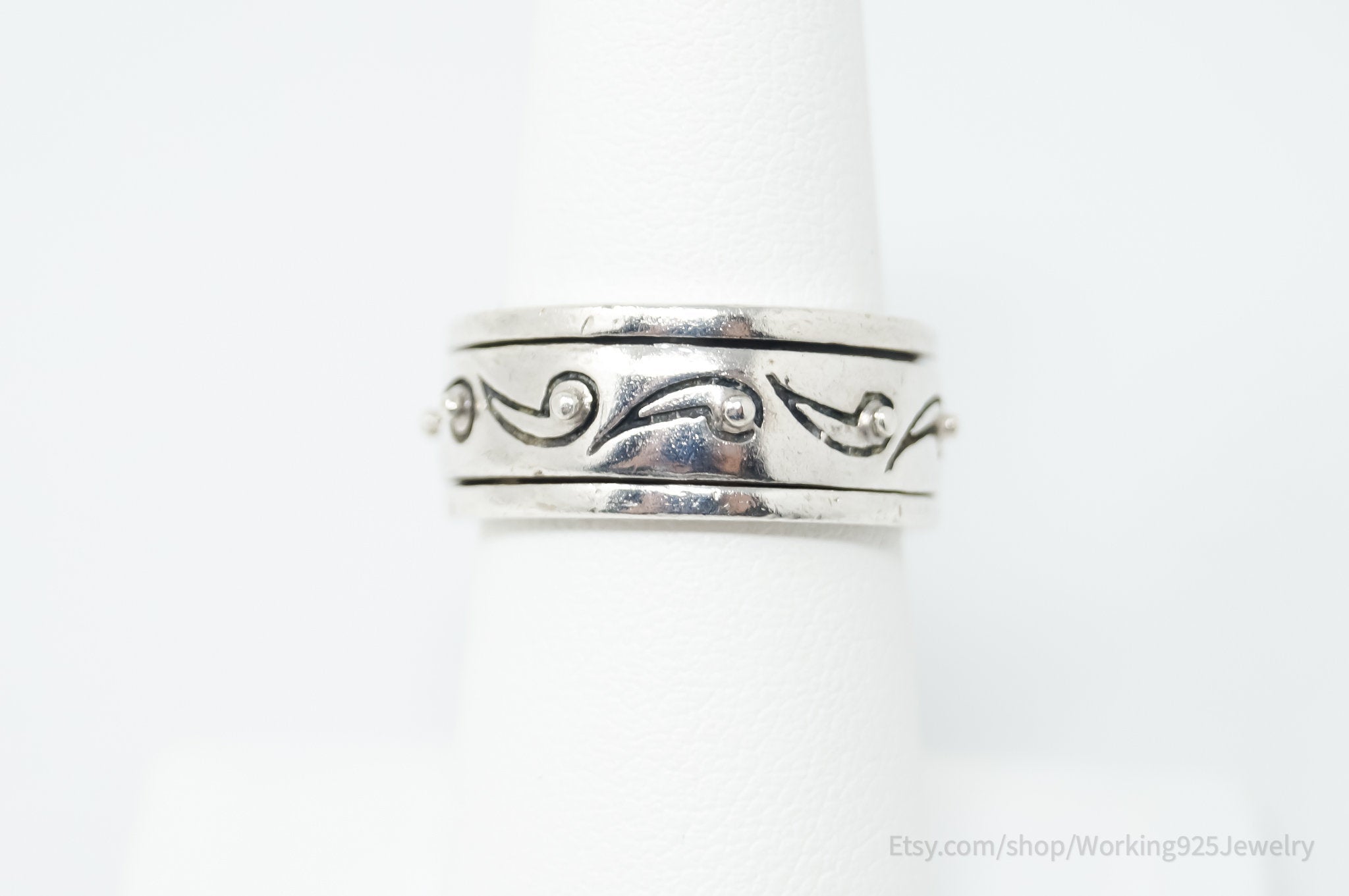 Vintage Paisley Design Sterling Silver Spinner Band Ring Sz 7