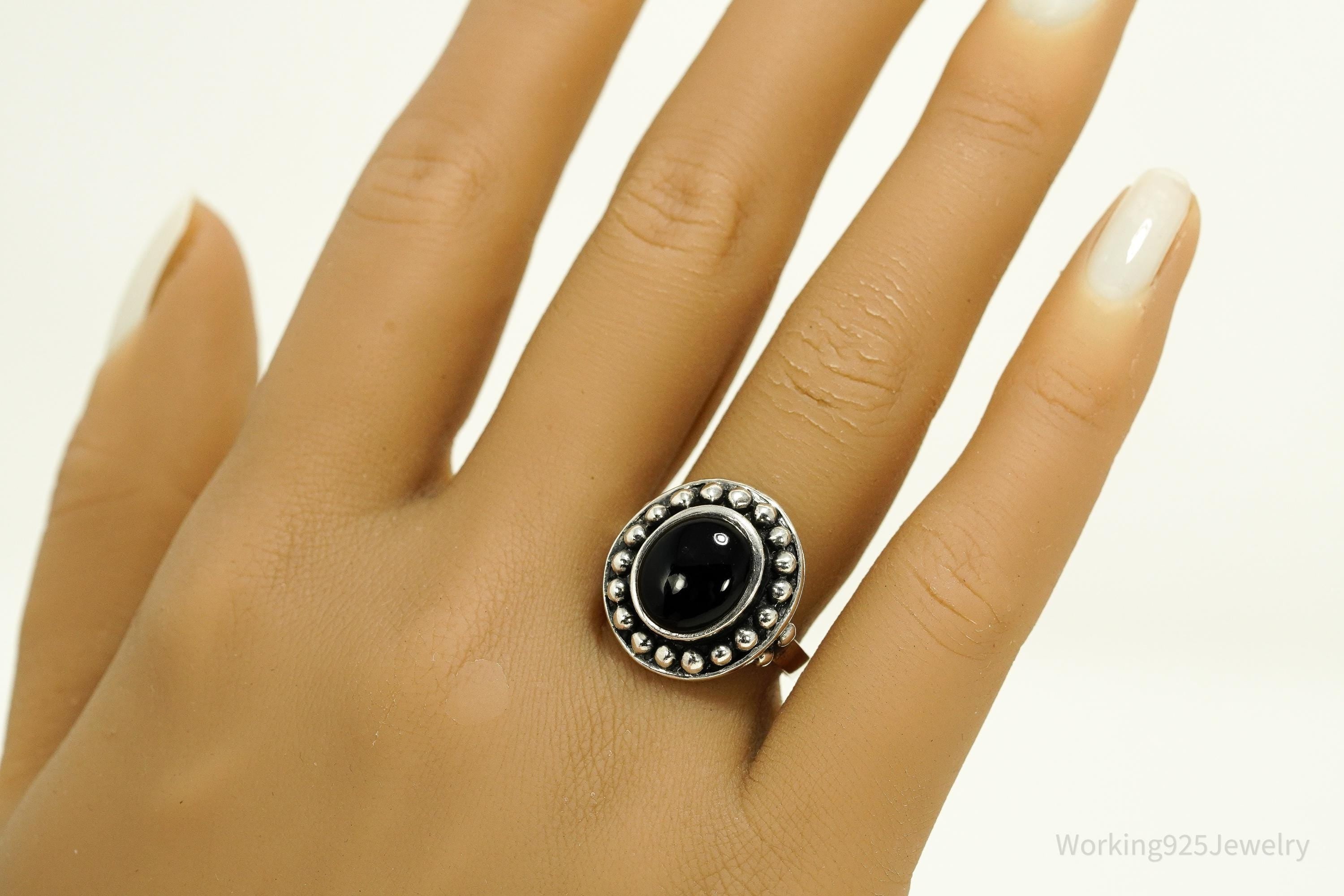 Vintage Black Onyx Sterling Silver Ring - Size 8.25