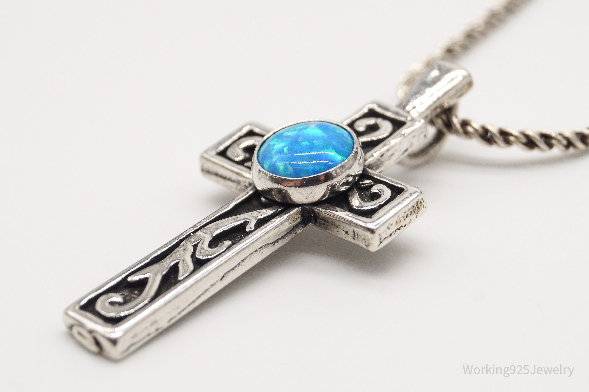 Vintage Blue Opal Sterling Silver Cross Necklace