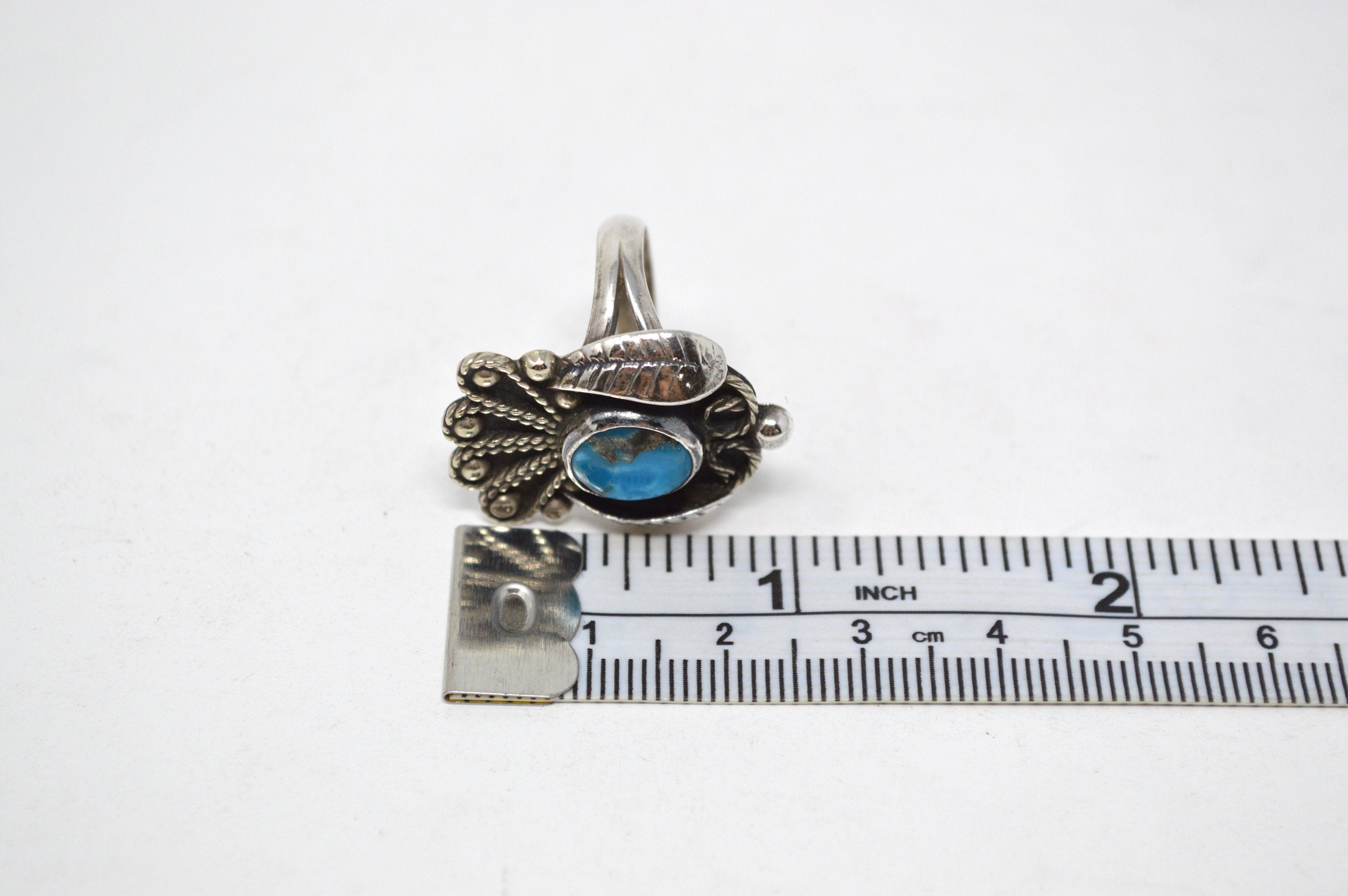 Vintage Mexico Turquoise Sterling Silver Feather Ring - Size 6.75