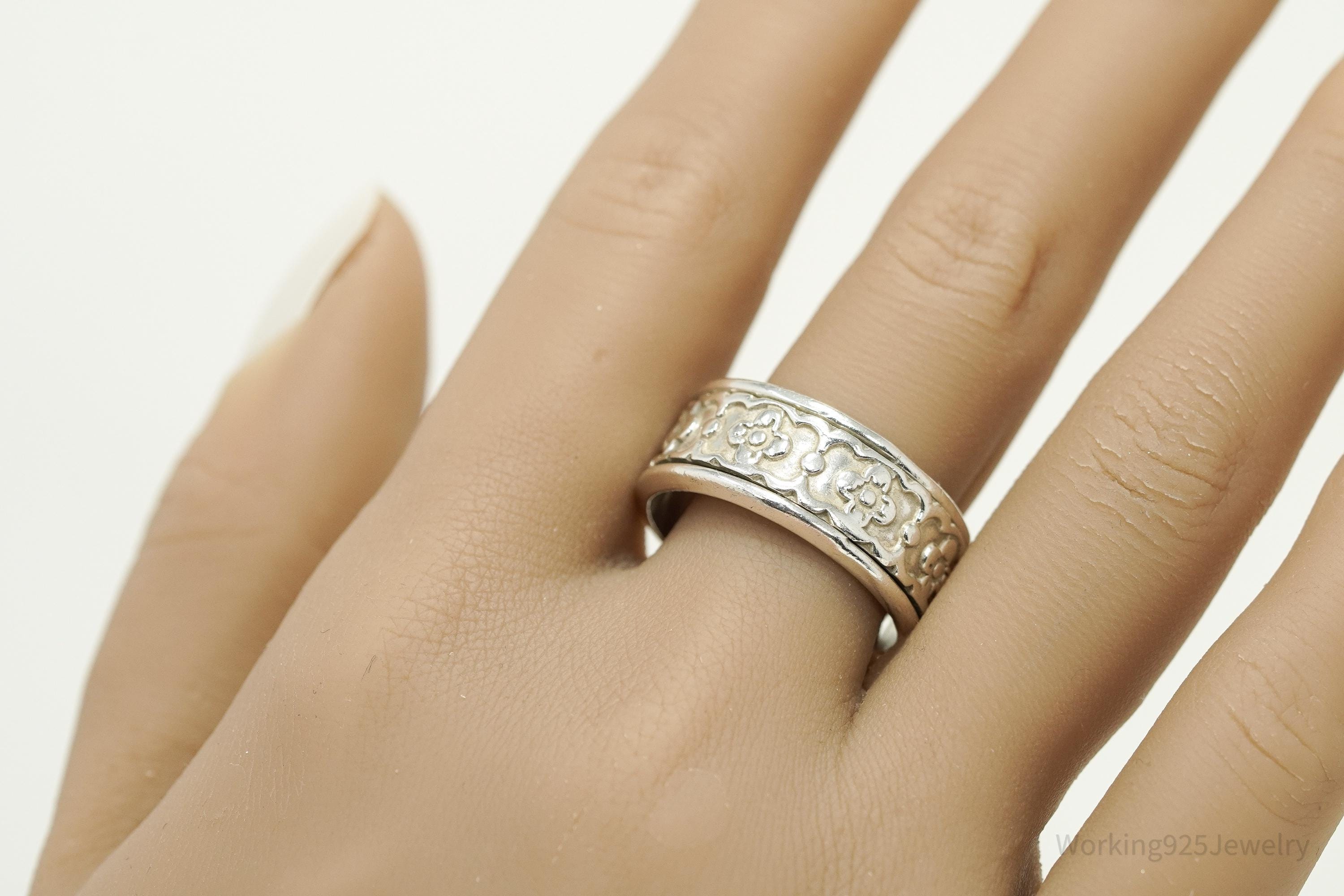 Vintage Mexico Flowers Pattern Sterling Silver Band Ring - Size 11.5