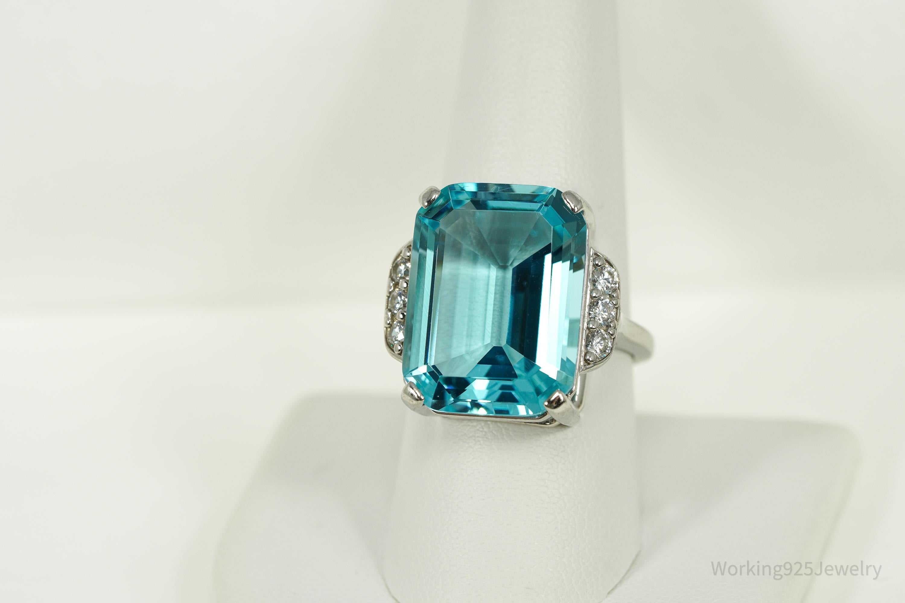 Vintage Large Blue Topaz & Cubic Zirconia Sterling Silver Ring - Size 9