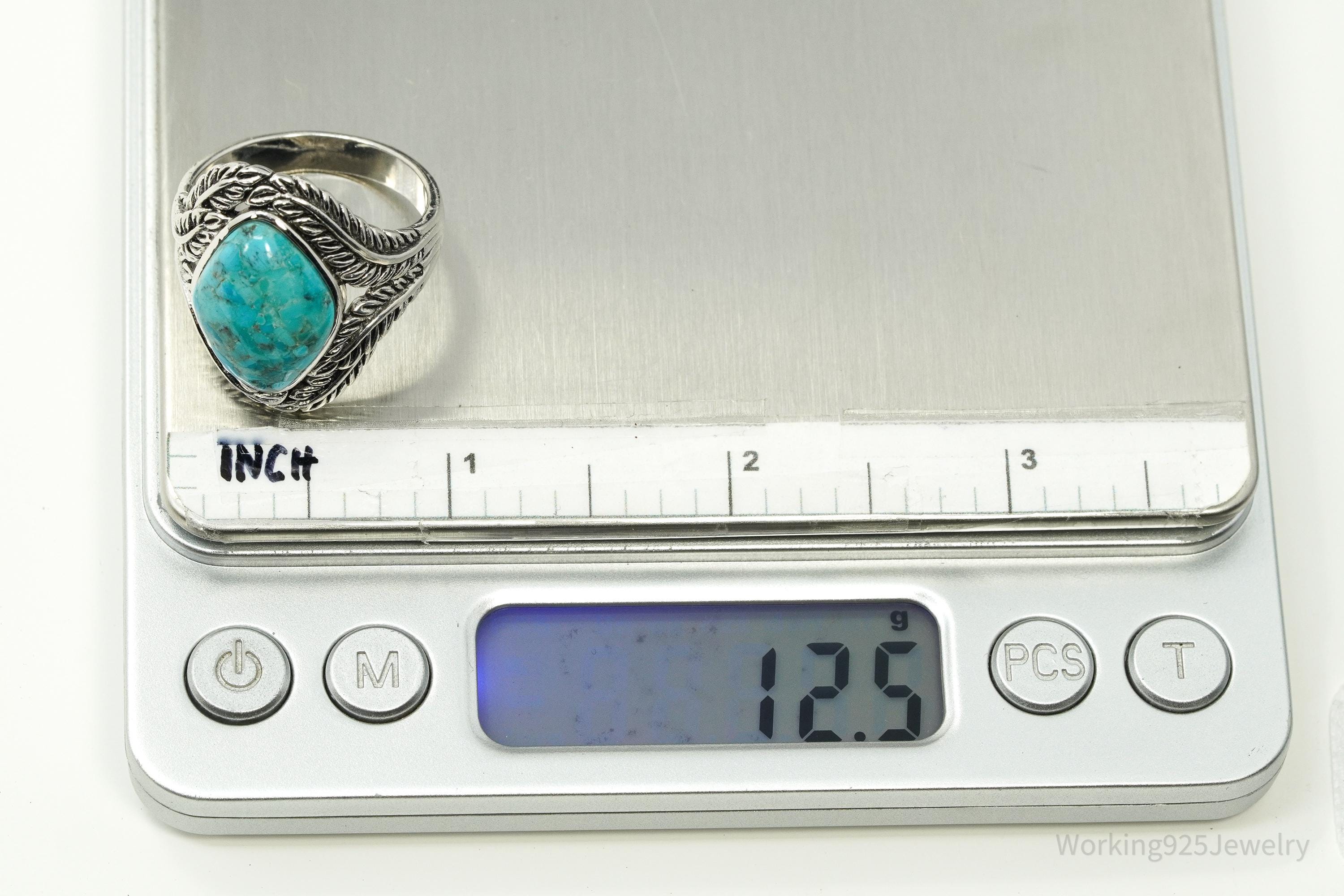 Designer BBJ Turquoise Wrapped Feathers Leaves Design Sterling Silver Ring - Size 12